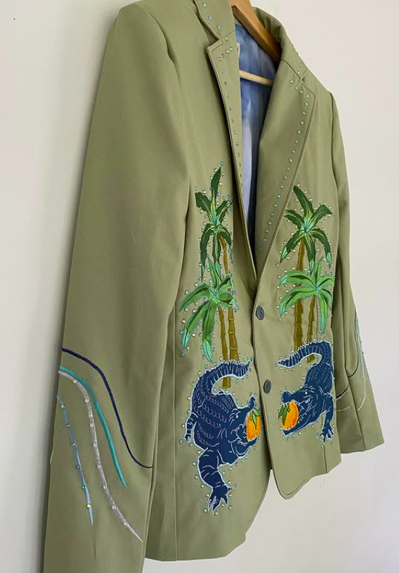 Men 2Pc Bespoke Crocodile Embroidered Nudie Western cowboy Cocktail Prom Outfit