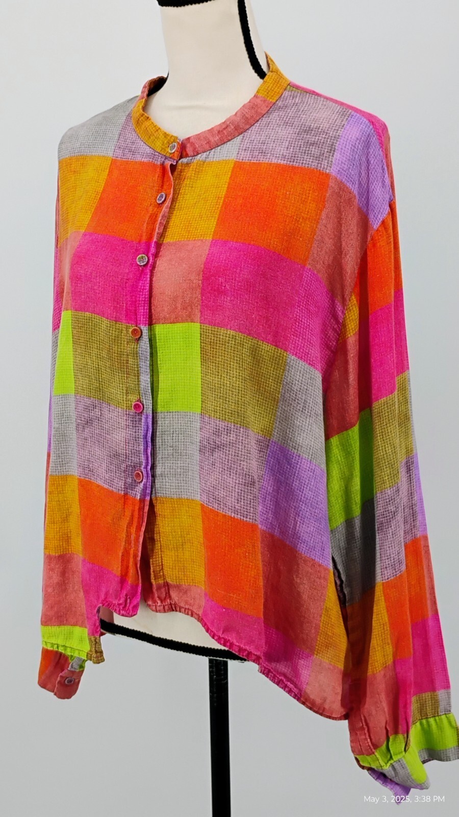 Buykud Irregular Plaid 100% Ramie Button Blouse Shirt Colorful Long Sleeve XL