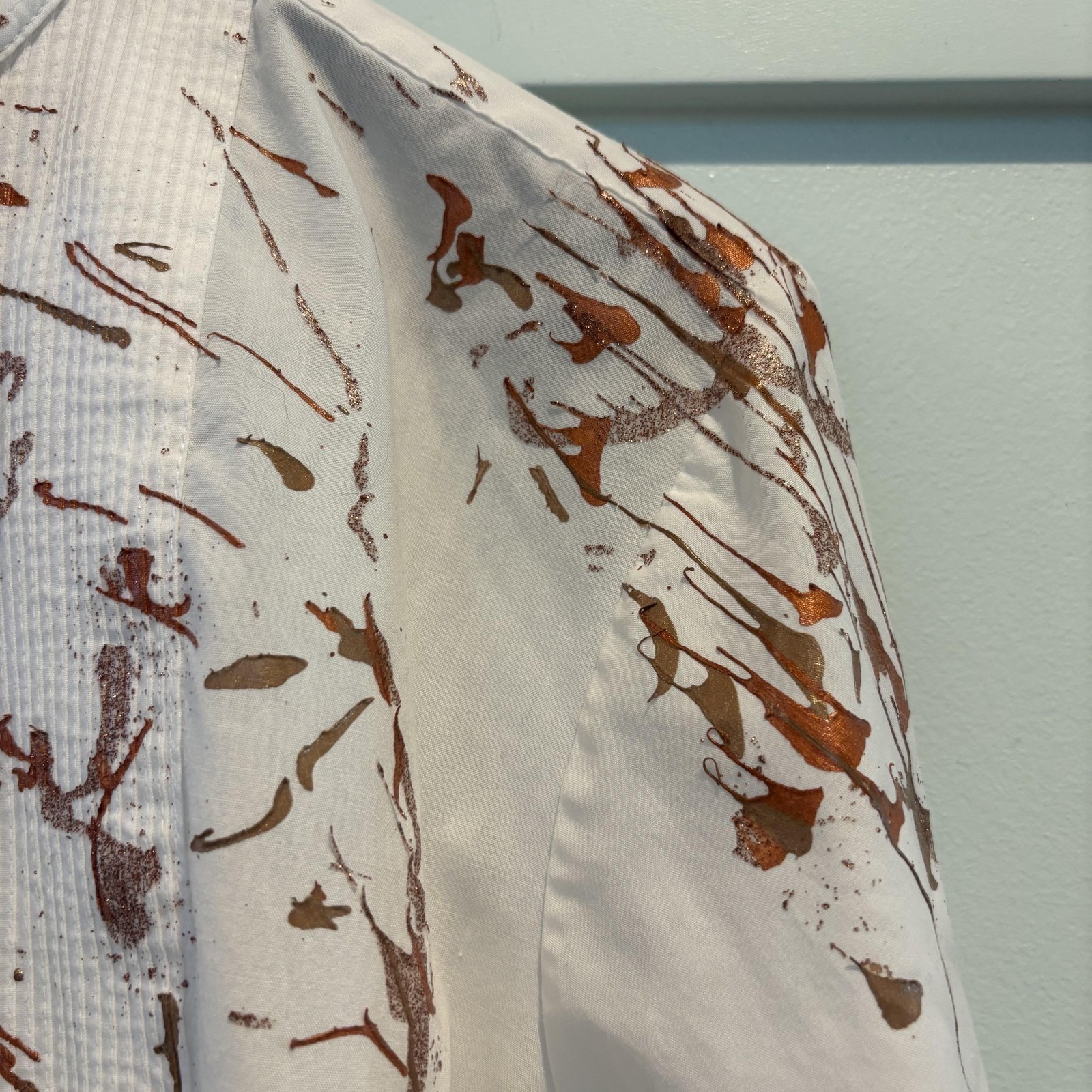 Vtg Stephen St Clair Hand Painted Tuxedo Blouse White Bronze Artsy Avant Garde