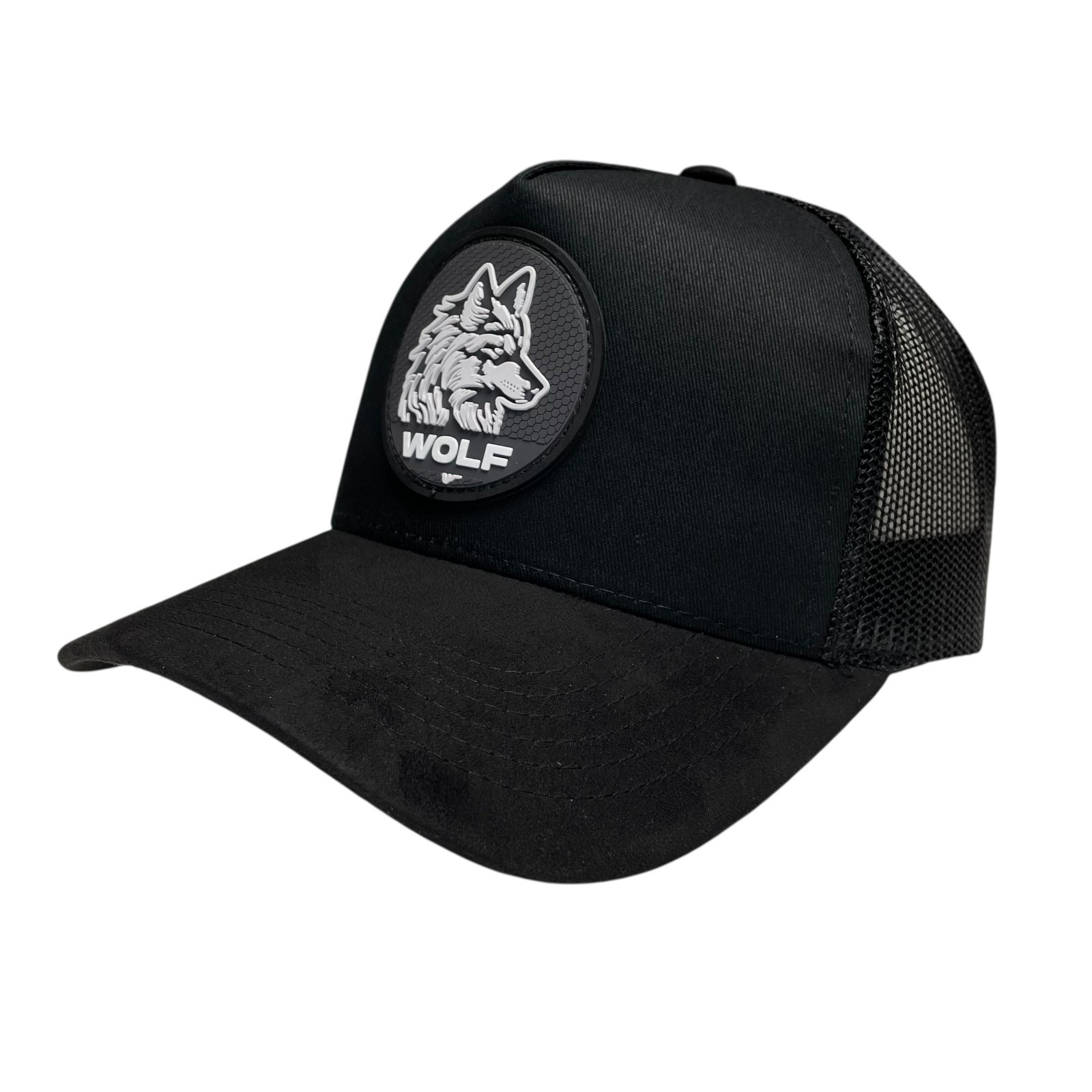 Wolf 3D PVC Patch Suede Snapback Hat – Black, Mesh Back, Suede Brim