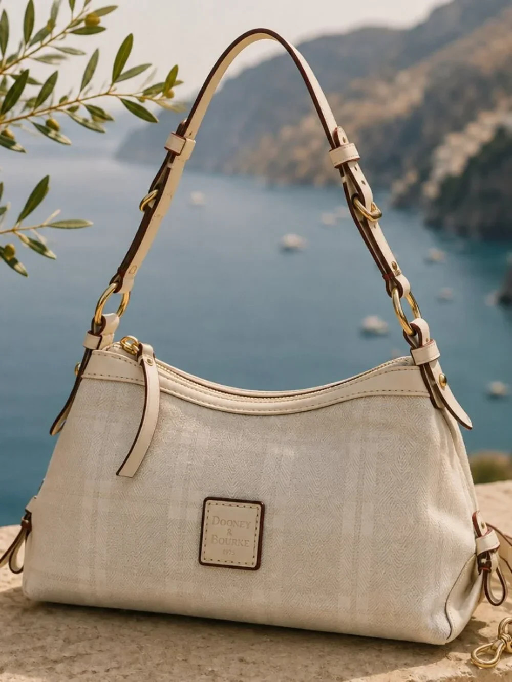 Vintage Dooney & Bourke Ivory Jacquard Shoulder Bag Classic Leather Trim Hobo