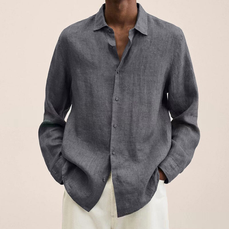 Men’s Cotton Linen Long Sleeve Shirt Solid Baggy Button-down Tops T-shirt Blouse