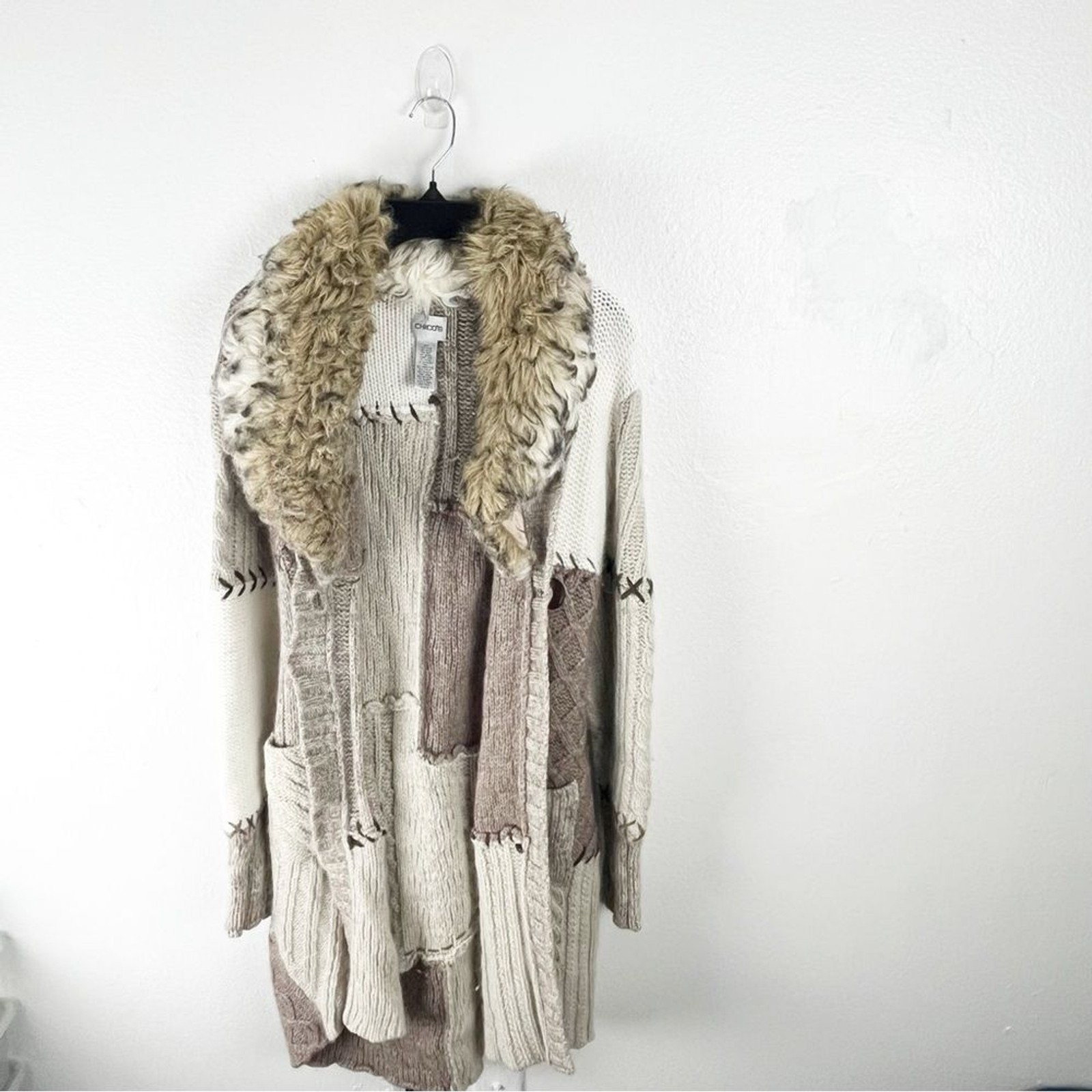 CHICO’S Wool Angora Rabbit Hair Cashmere Blend Faux Fur Collar Long Cardigan