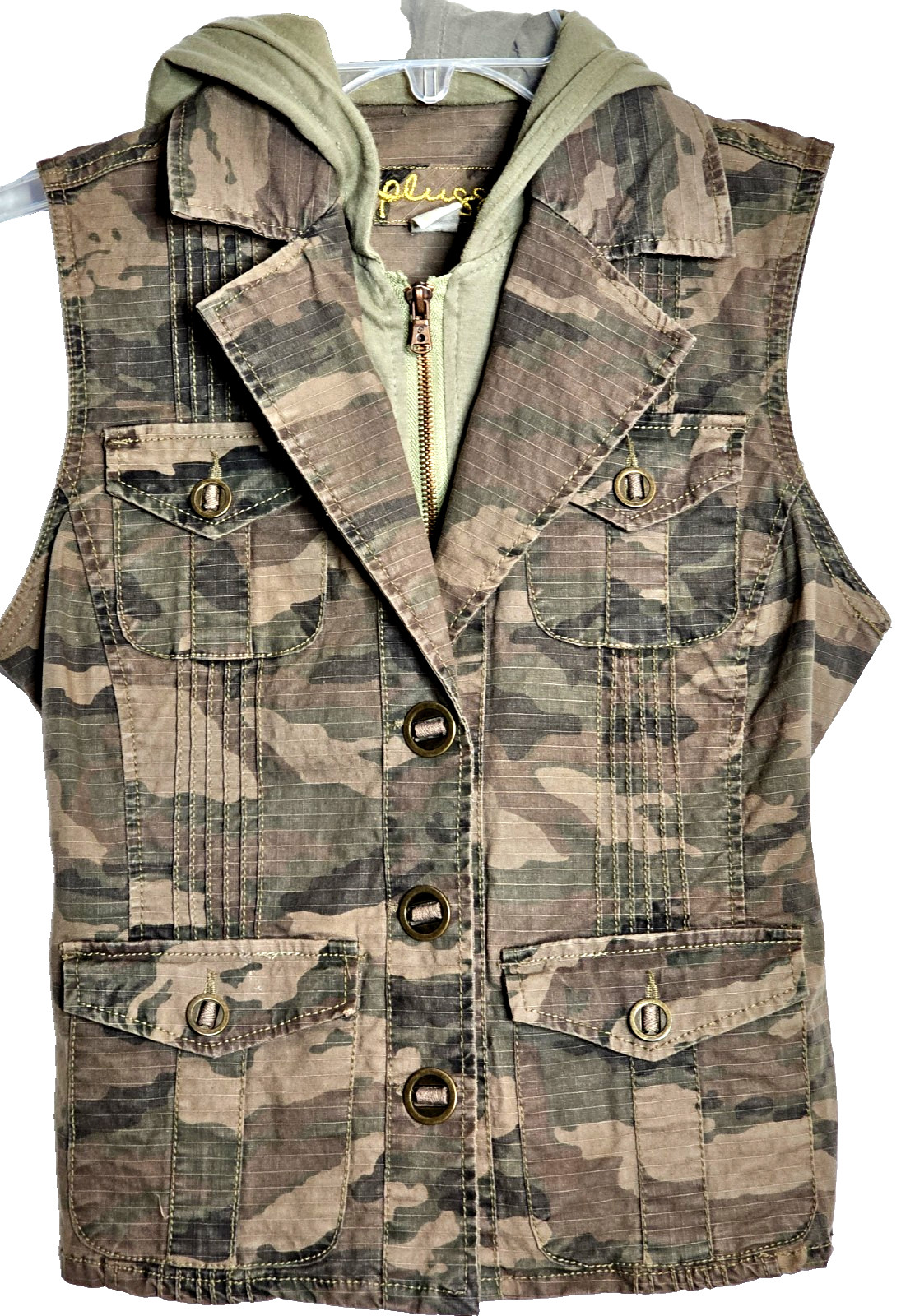 Plugg Small Green Camo Hooded Vest Hip Hop Streetwear 90s Punk Gently Pre-owned