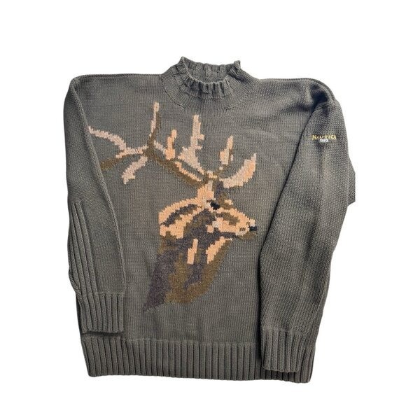 Vintage 90s Nautica Heavy Knit‎ Sweater Camo Deer Medium