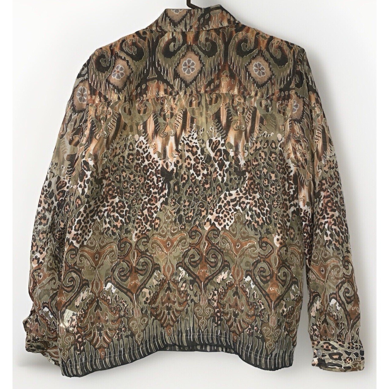 Alfred Dunner Button Up Blouse Women Size 16 Browns Semi Sheer Collared Cheetah