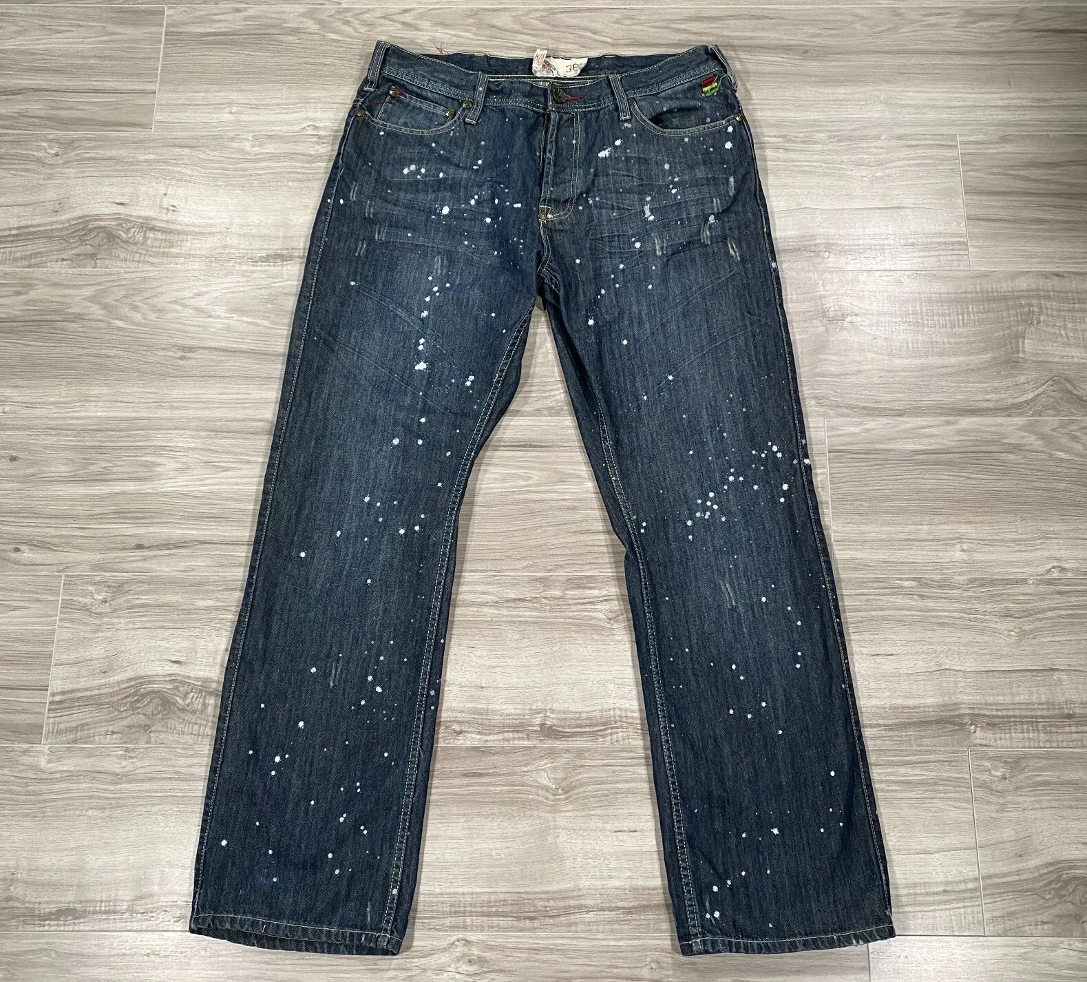 Konvict Jeans Mens 36×33 Dark Blue Denim Pants Button Fly Paint Splat Akon Y2K