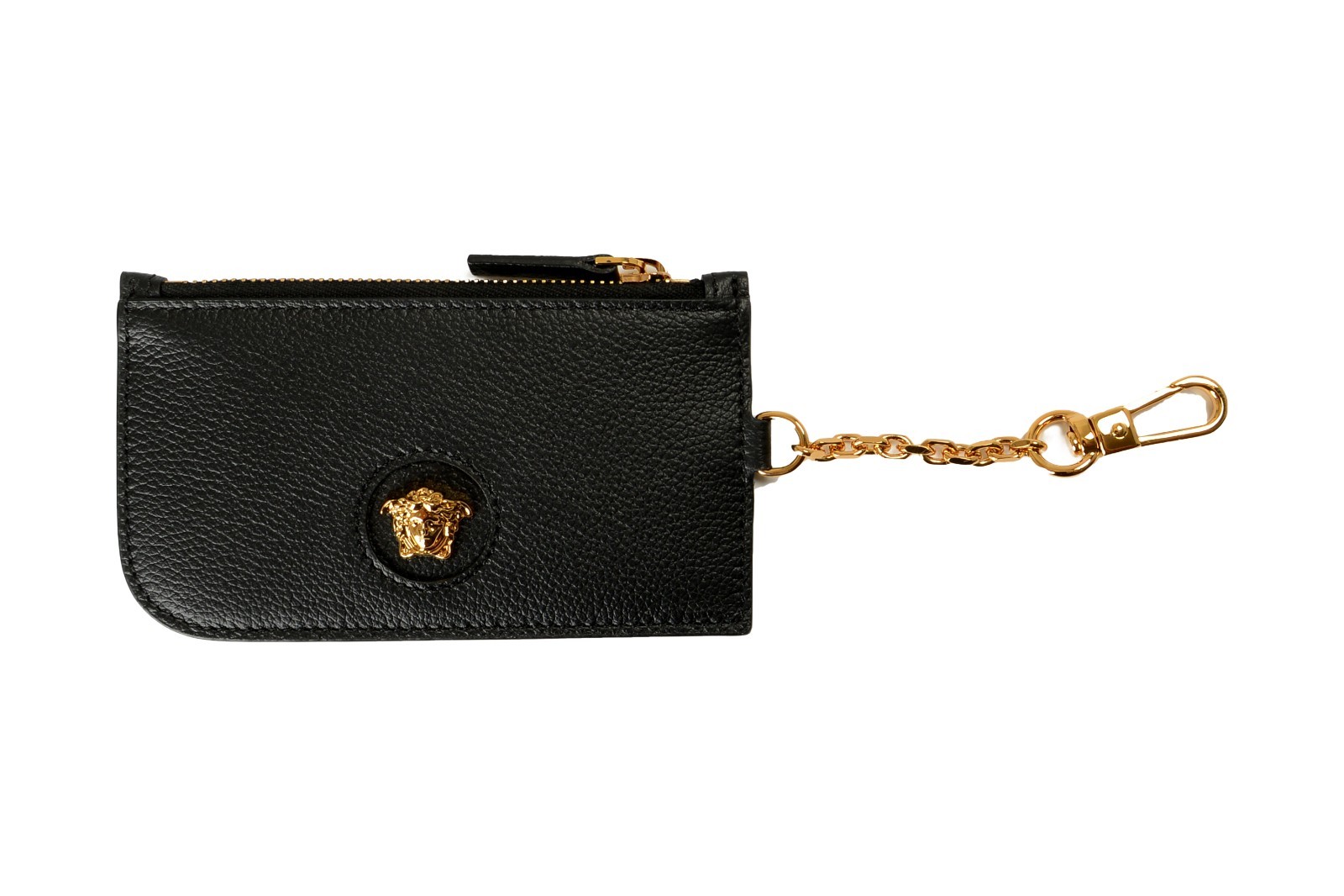 Versace Black 100% Textured Leather Gold Medusa Head Card Case Keychain