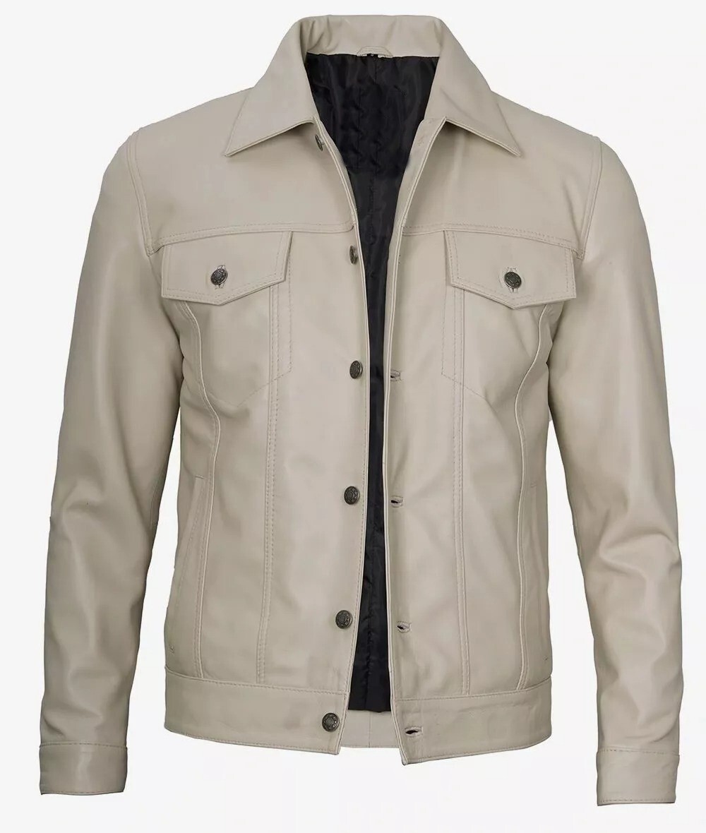 Men’s Moto Biker Real Sheepskin Leather Motorcycle Trucker Jacket