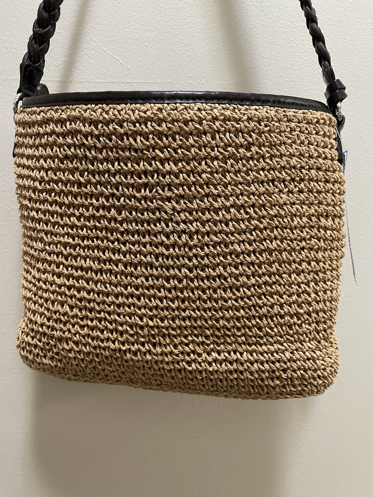 Brighton Tan/Black Woven Straw Look Shoulder Bag Turn Lock Braided Heart Charm