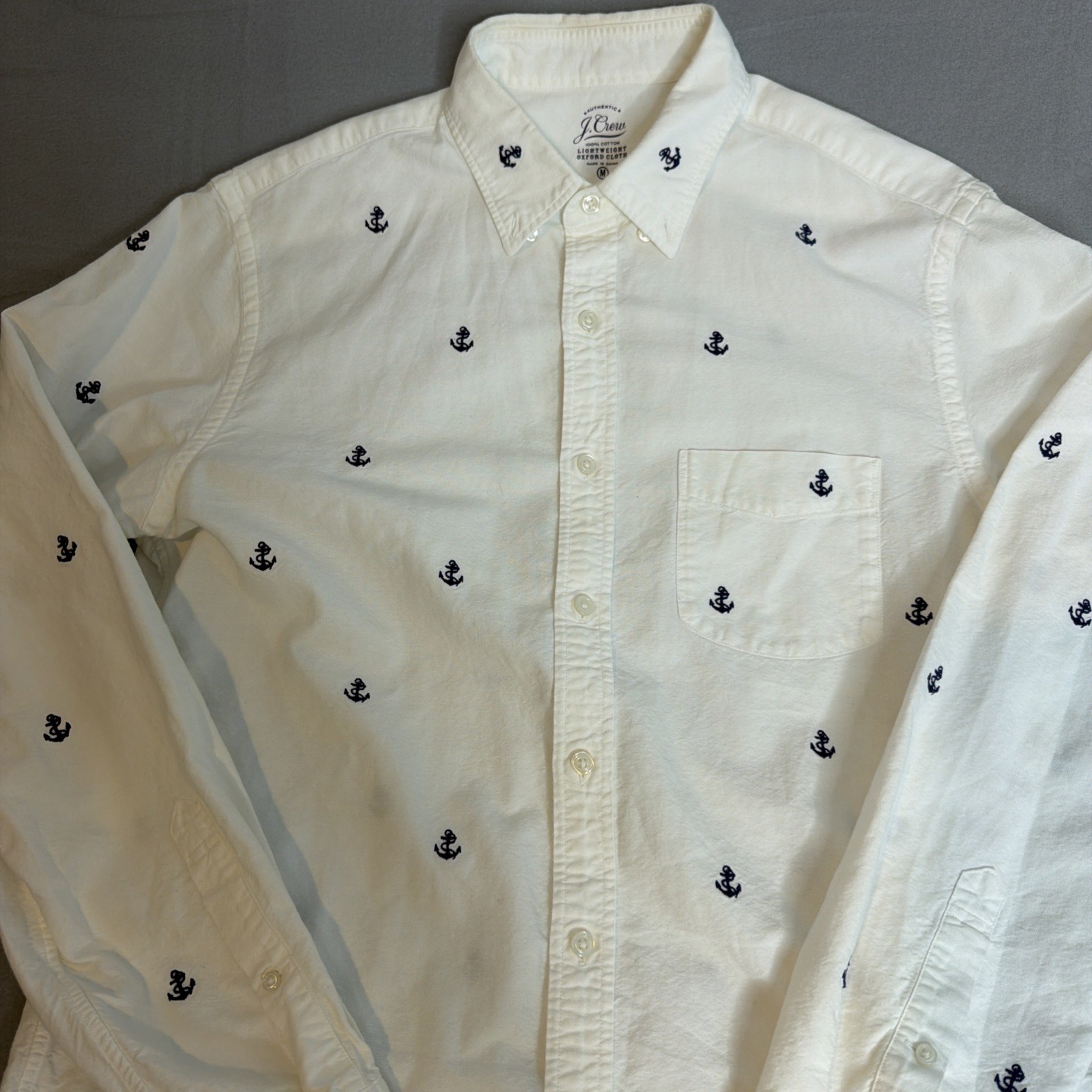 J. Crew Mens Medium Oxford Button Down Shirt White Blue Embroidered Anchors