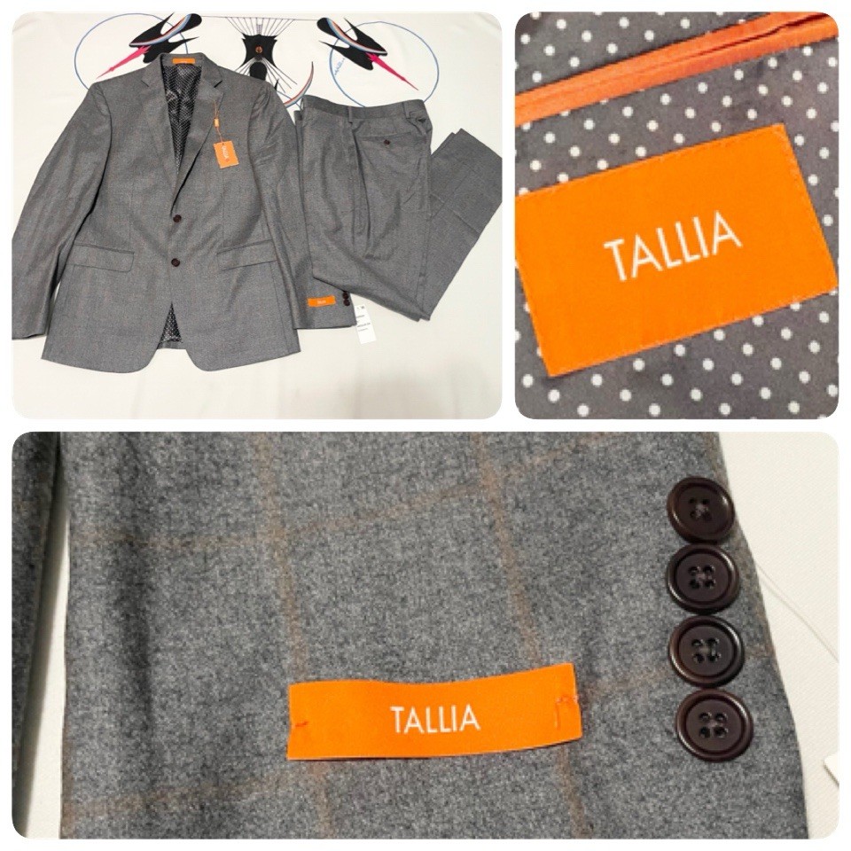 NWT Tallia 2 pc Suit Jacket Blazer 40R Pants 33×31 100% Wool Plaid Gray $650