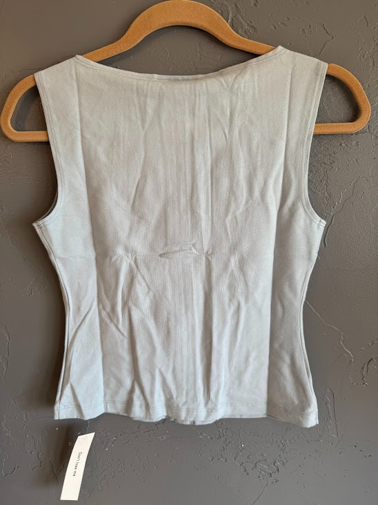 REFORMATION JULIE KNIT TOP MINERAL BLUE SLEEVELESS BUTTON FRONT HIGH NECK Choose