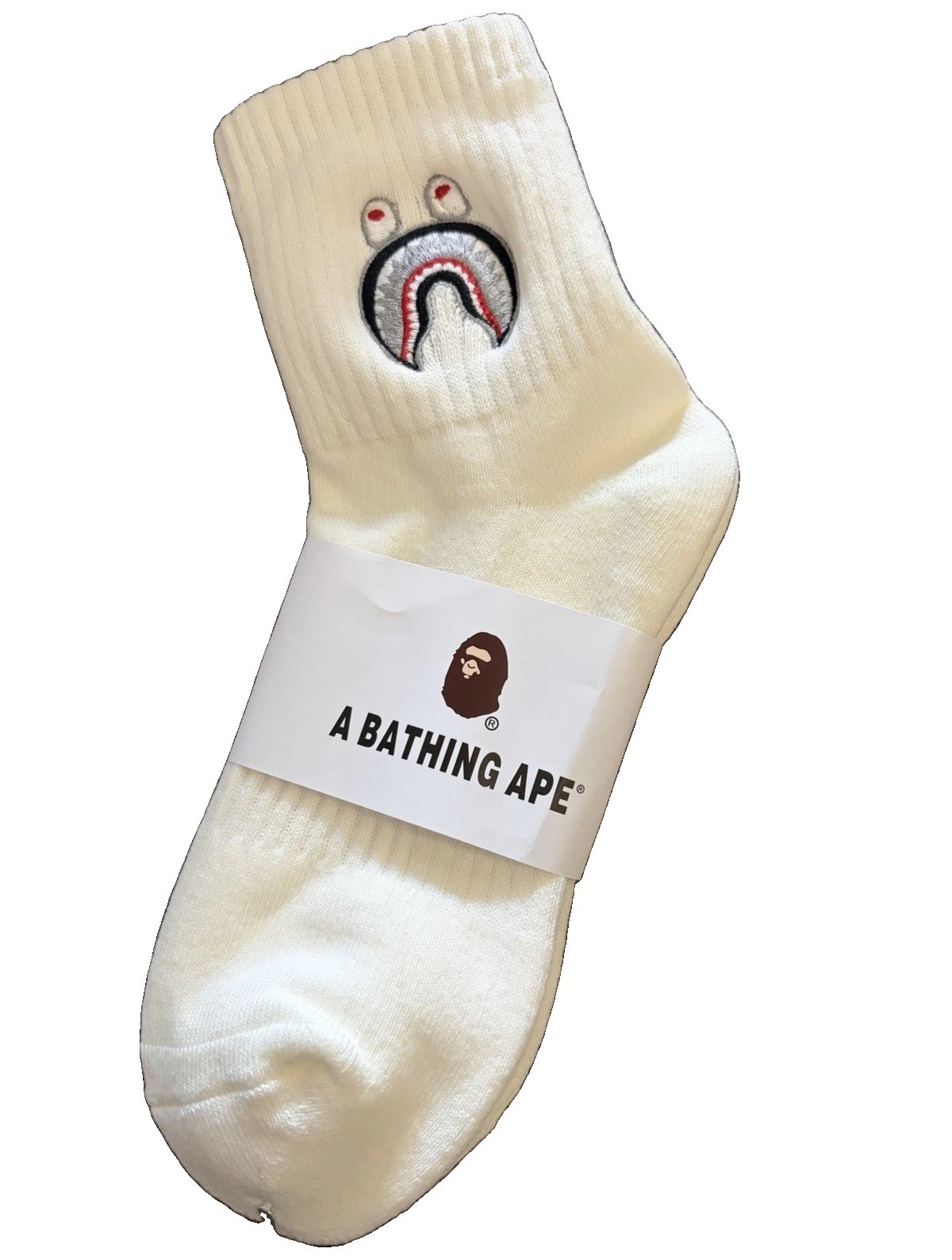 A Bathing Ape Men’s Crew Socks White Cotton Blend Baby Milo Shark Logo 1 Pair