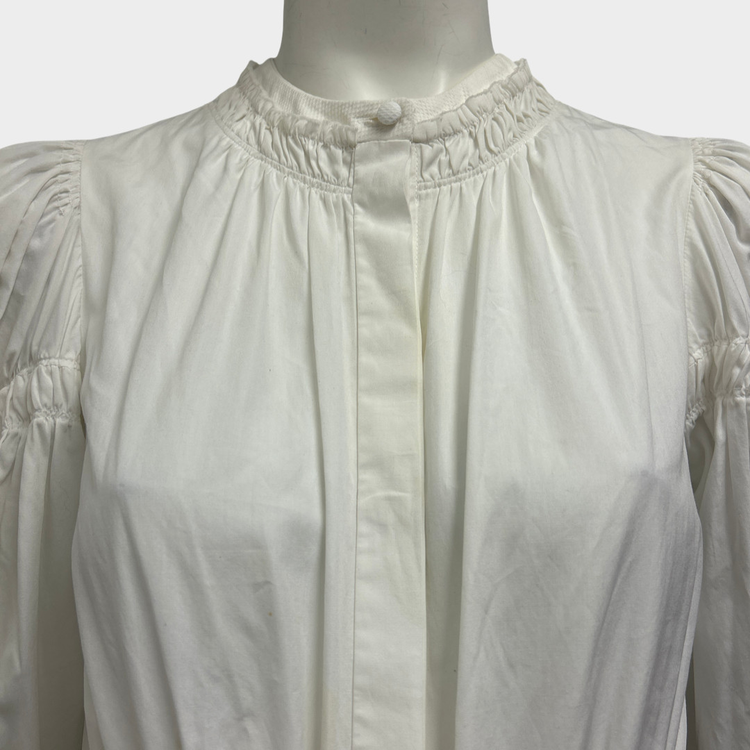 ALEXANDER MCQUEEN White Gathered Cotton Mini Dress, Size UK8