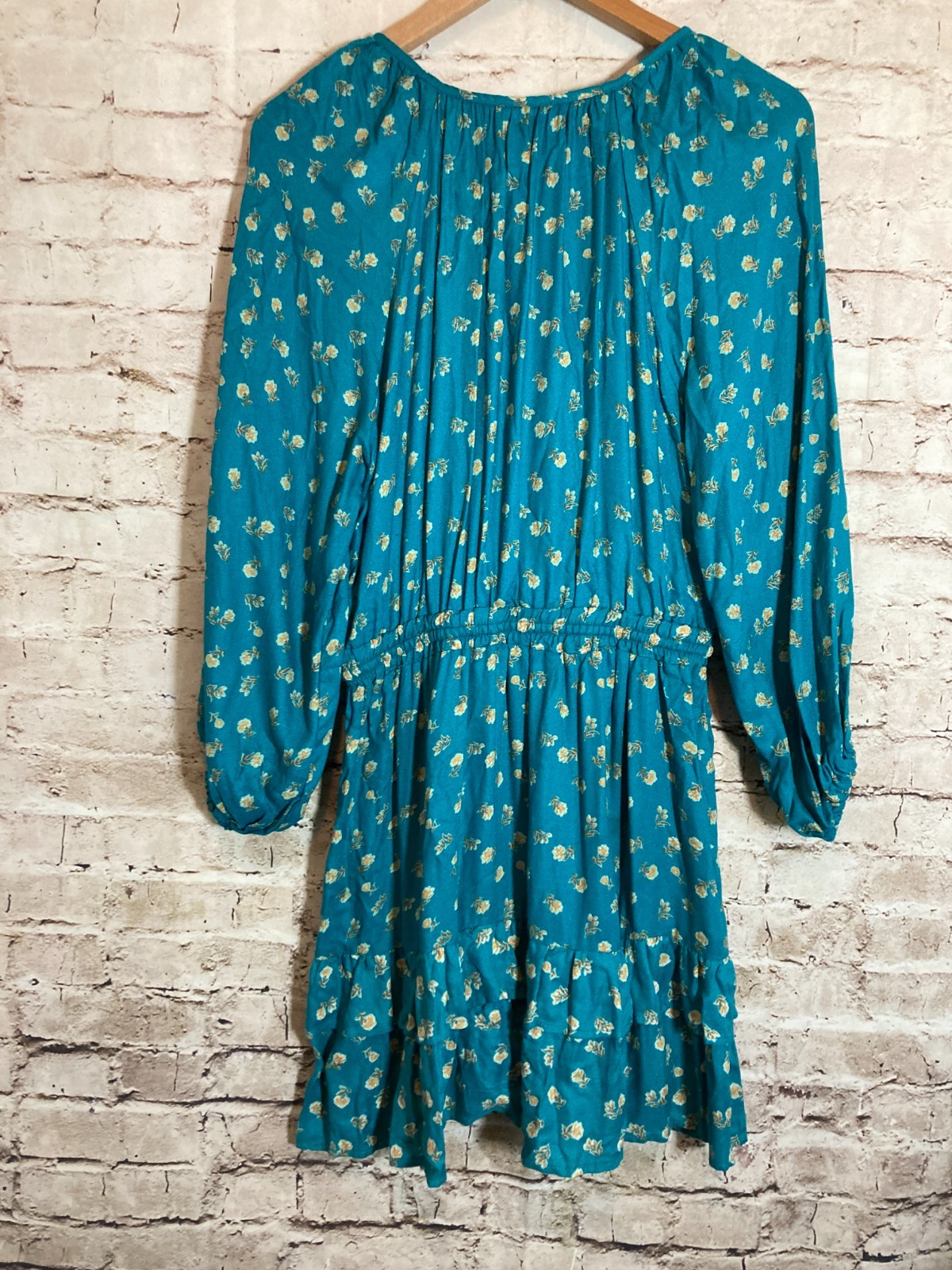 Angie Boho Dress Womens Medium Dark Teal Ditsy Floral Balloon Sleeve Hippie