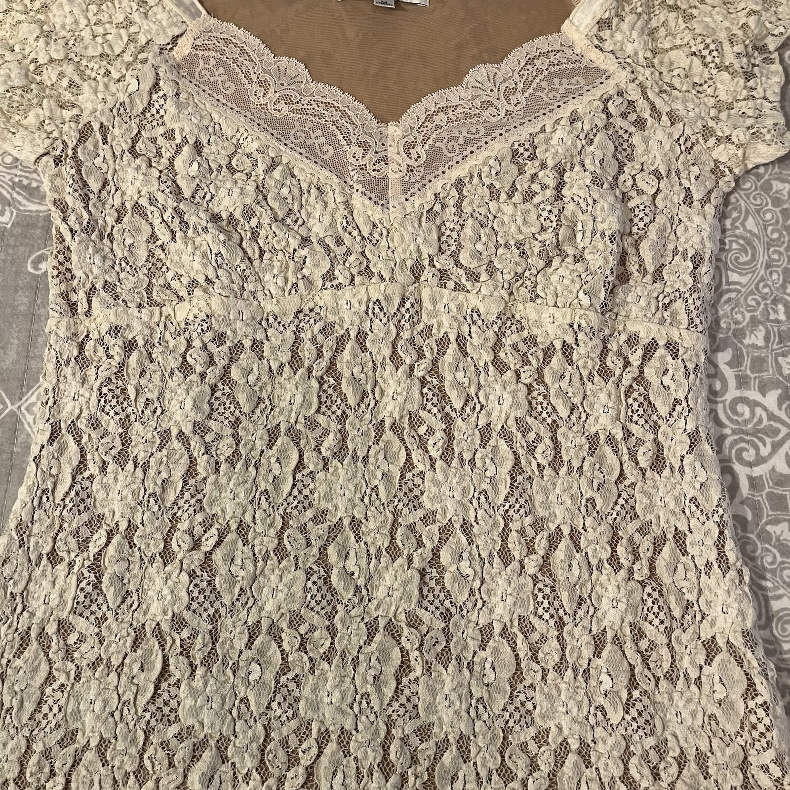 Cabi Cream Beige Lace Blouse Medium Floral Overlay Sheer Romantic Cap Sleeve Top