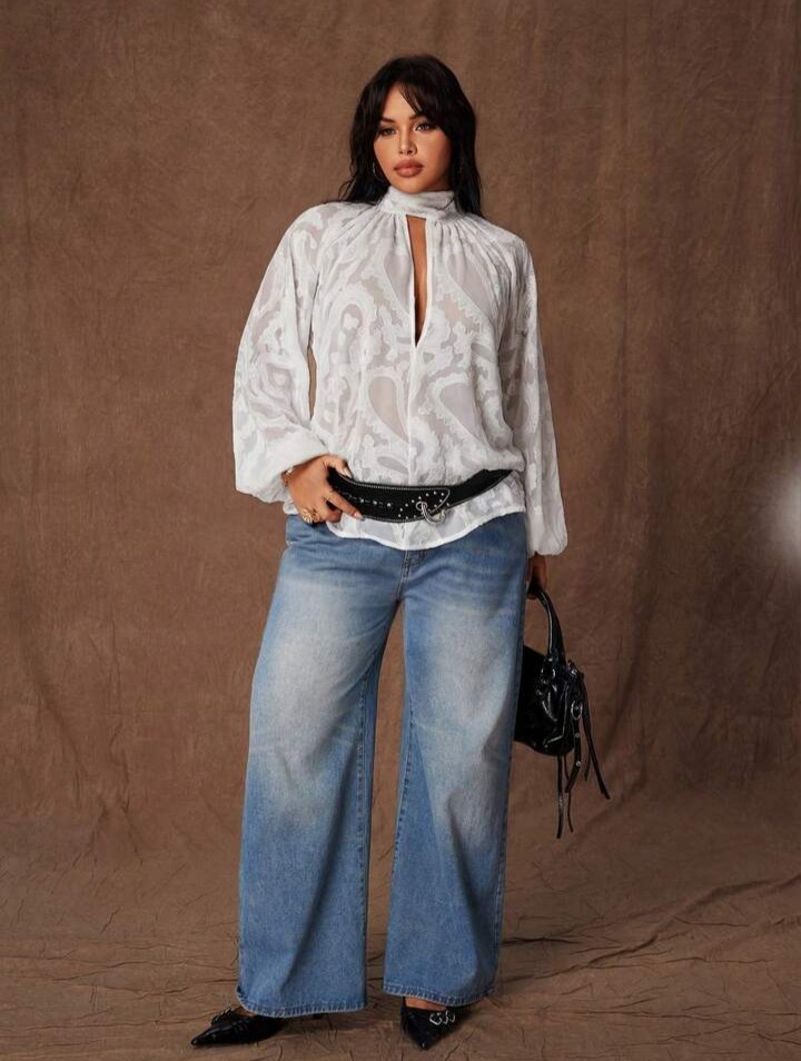 Chic Oversized White Chiffon Delicate Pattern Semi Sheer Tie Bow Blouse Sz 14-16