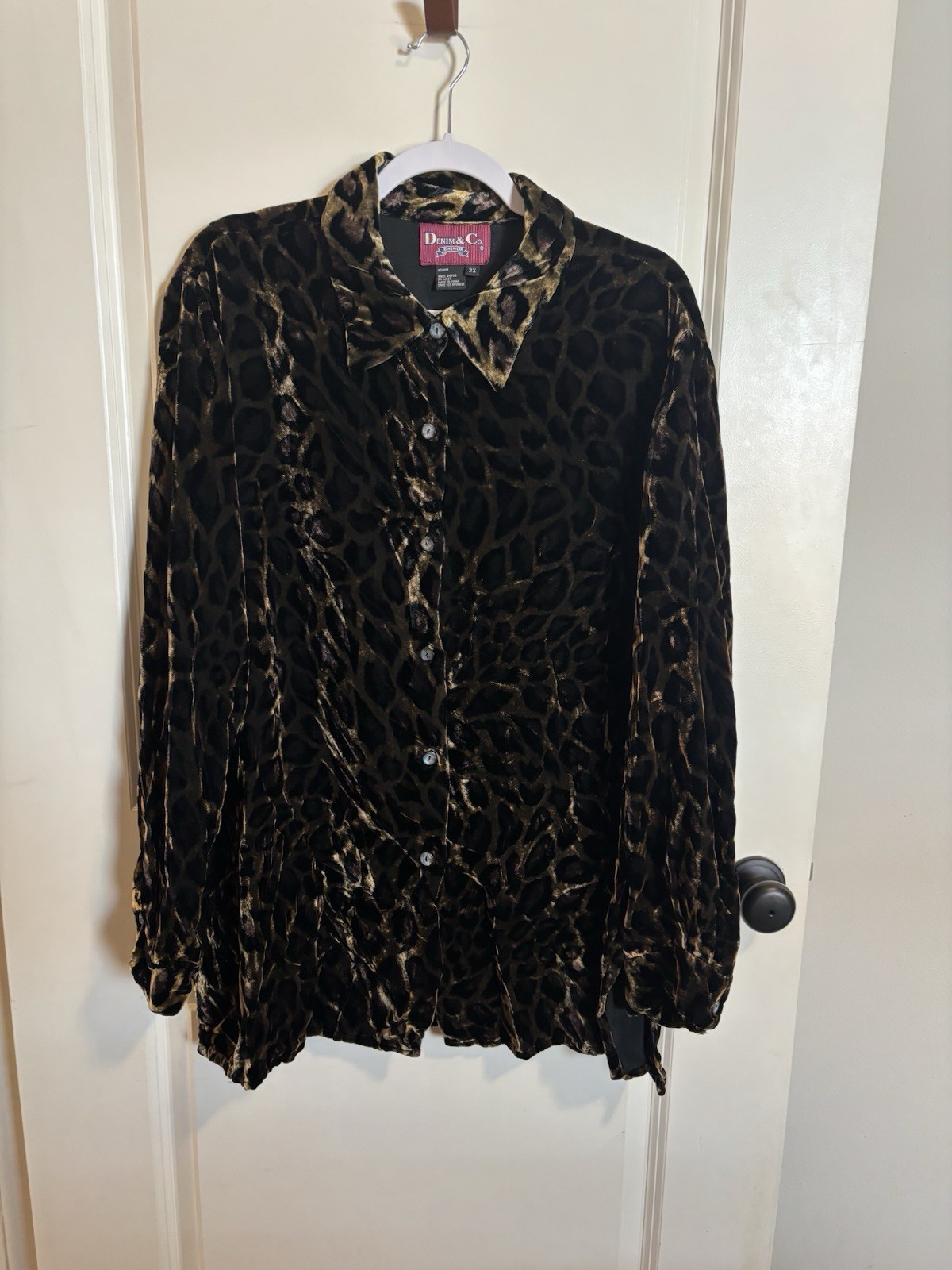 Vintage Denim & Co Velvet Leopard Print Button Down Shirt Sz 1X Y2K Oversized