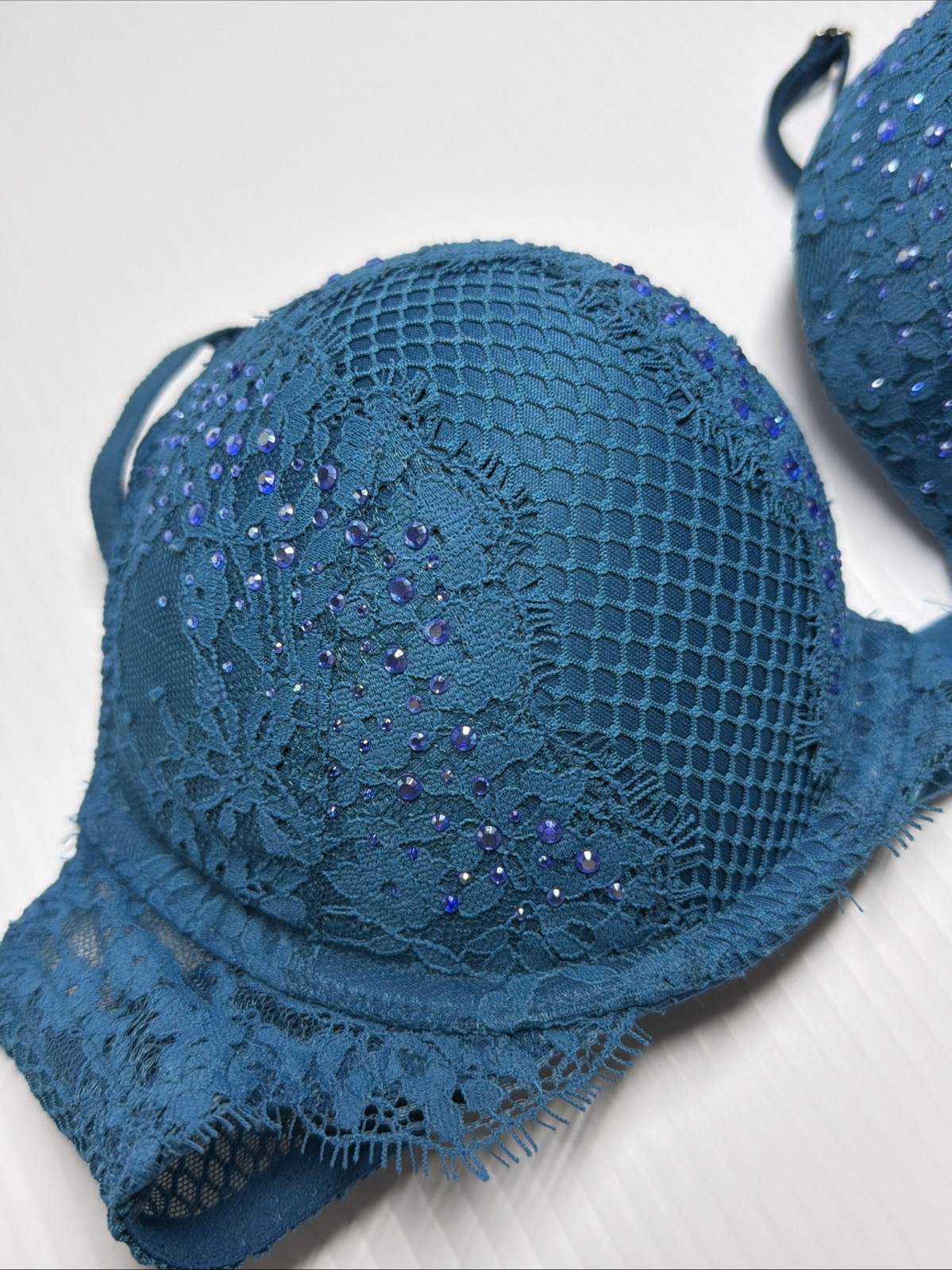 Victoria Secret Bombshell 36A Rhinestone Plunge Add +2 Cup Sizes Bra Blue
