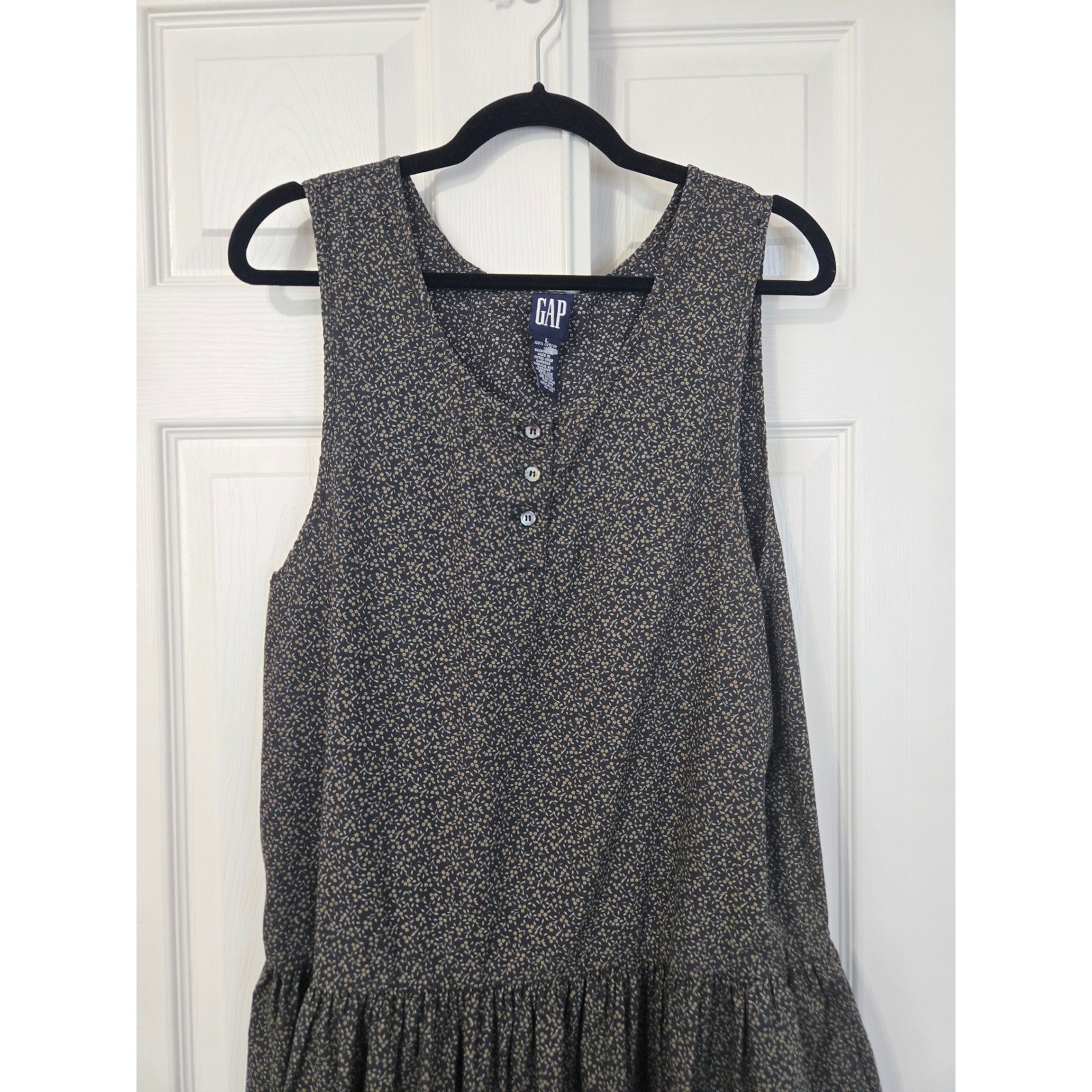 GAP Vintage Womens Large Black Floral Cotton Dropped Waist Midi Dress Sleeveless