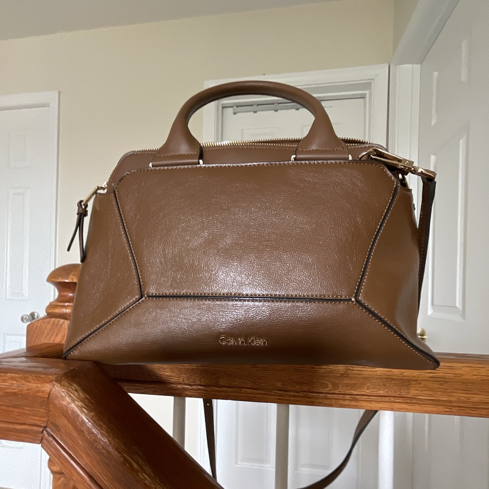 Calvin Klein Brown Large Crossbody, Zip Top, Top Handle, Detachable Strap, Gold