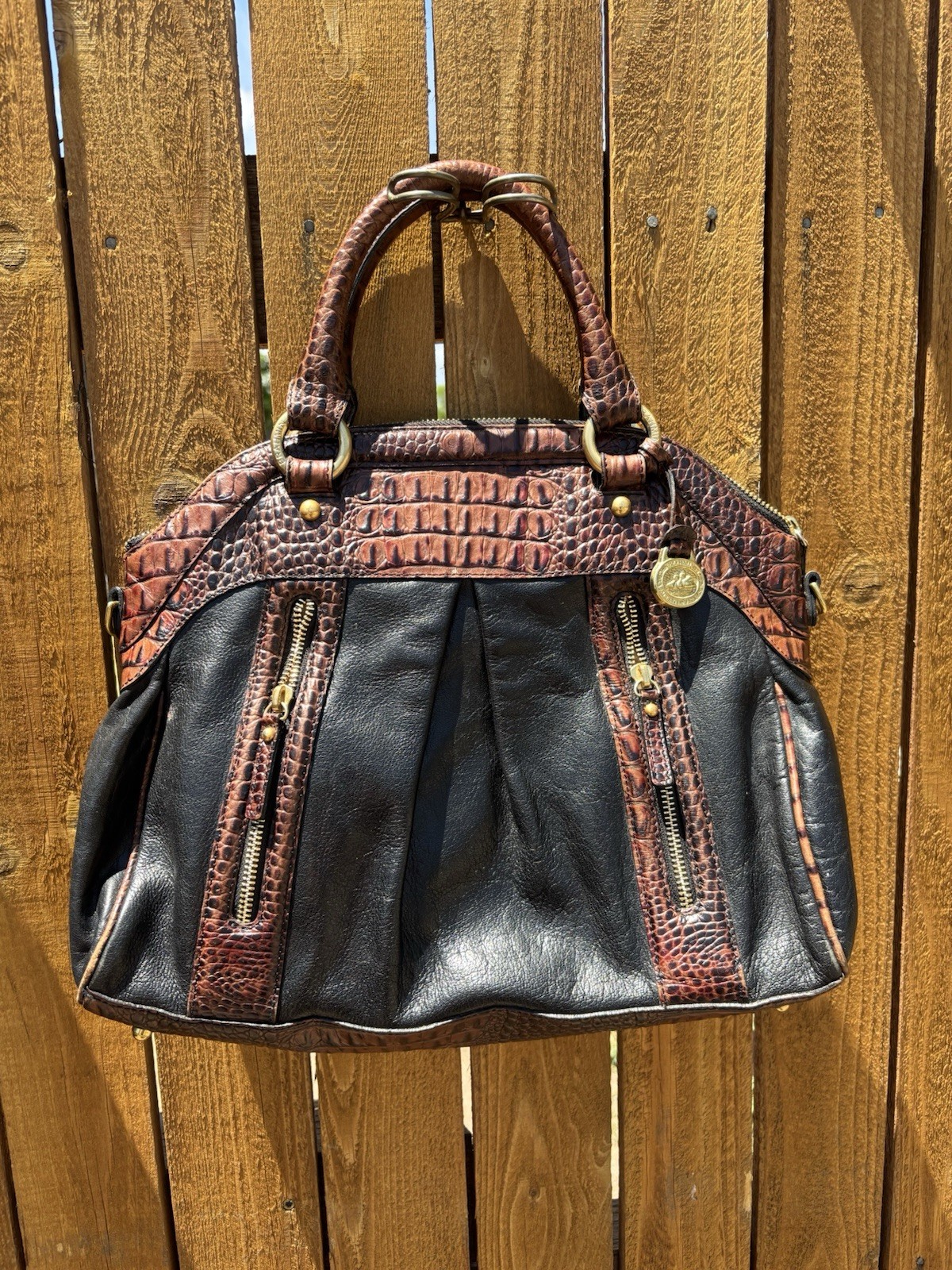 Brahmin Brown/Black Croc-Embossed Satchel Top Handle Zip, Gold Hardware