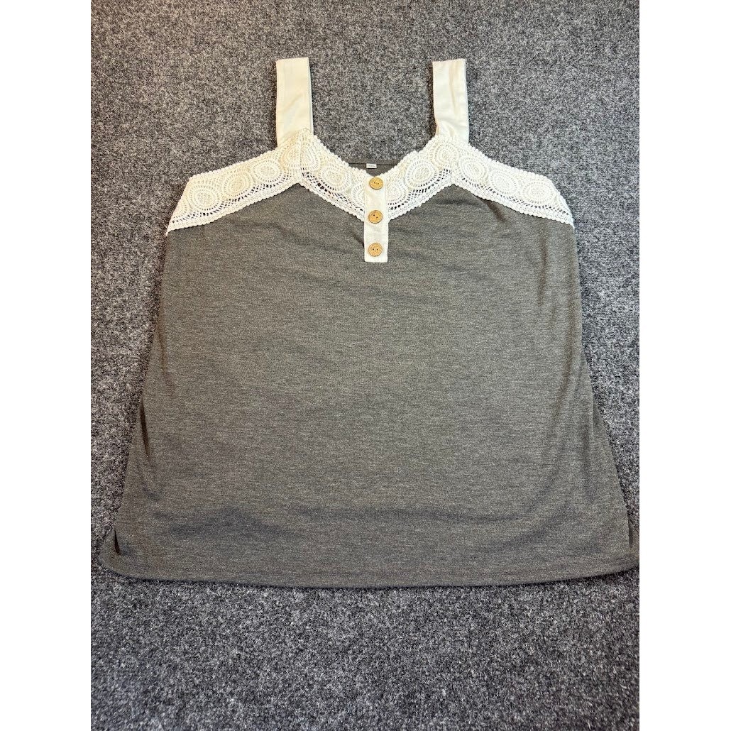 Boho Crochet Lace Trim Tank Top Grey Heathered Henley Sleeveless Blouse XL