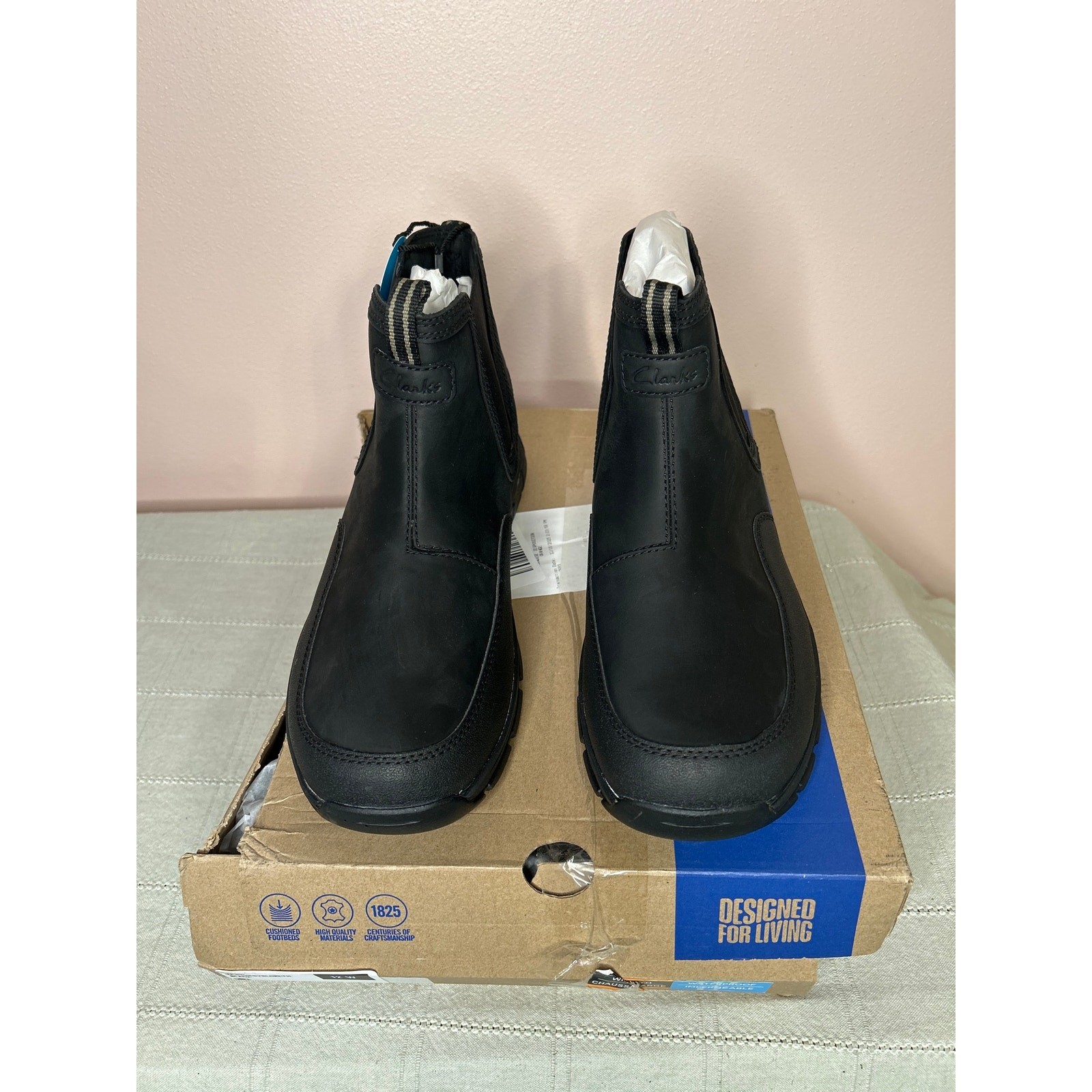 Clarks Men’s Walpath Easy Chelsea Boot Black Leather Size 12 W Waterproof New