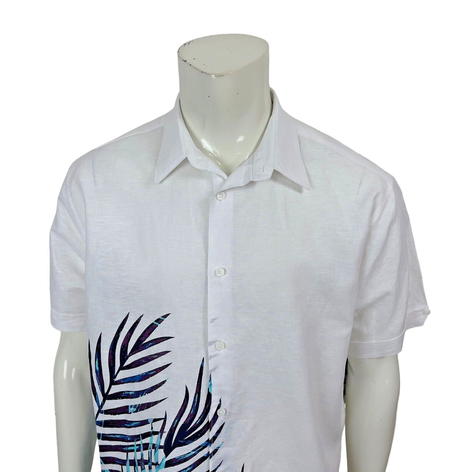 Cubavera Mens Large Brilliant White 64% Linen 36% Cotton Tropical Palms