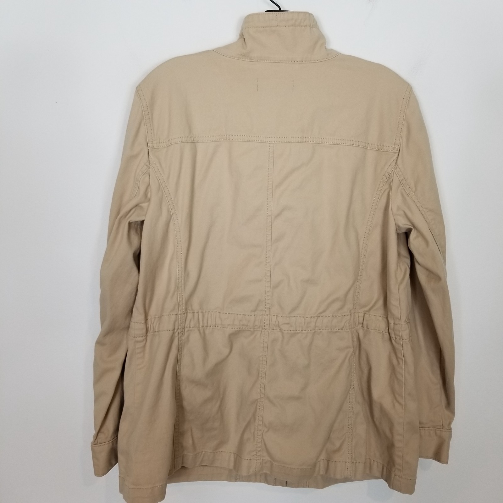 Talbots Womens Safari Jacket Sz M Beige Flap Pockets Stretch Drawstring Button