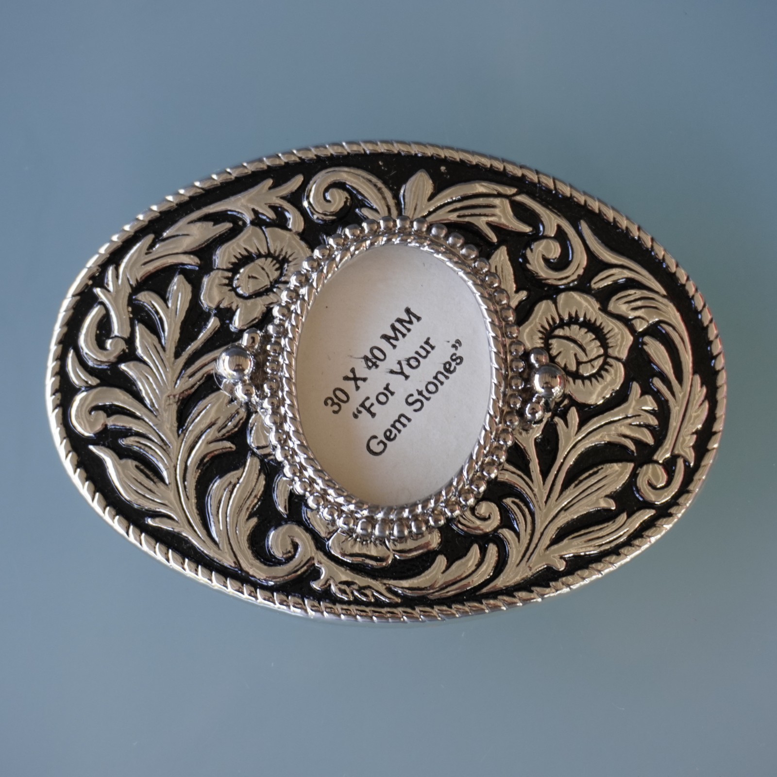 Vintage Western Belt Buckle Blank 30x40mm Cabochon Frame Floral Silver Made in U