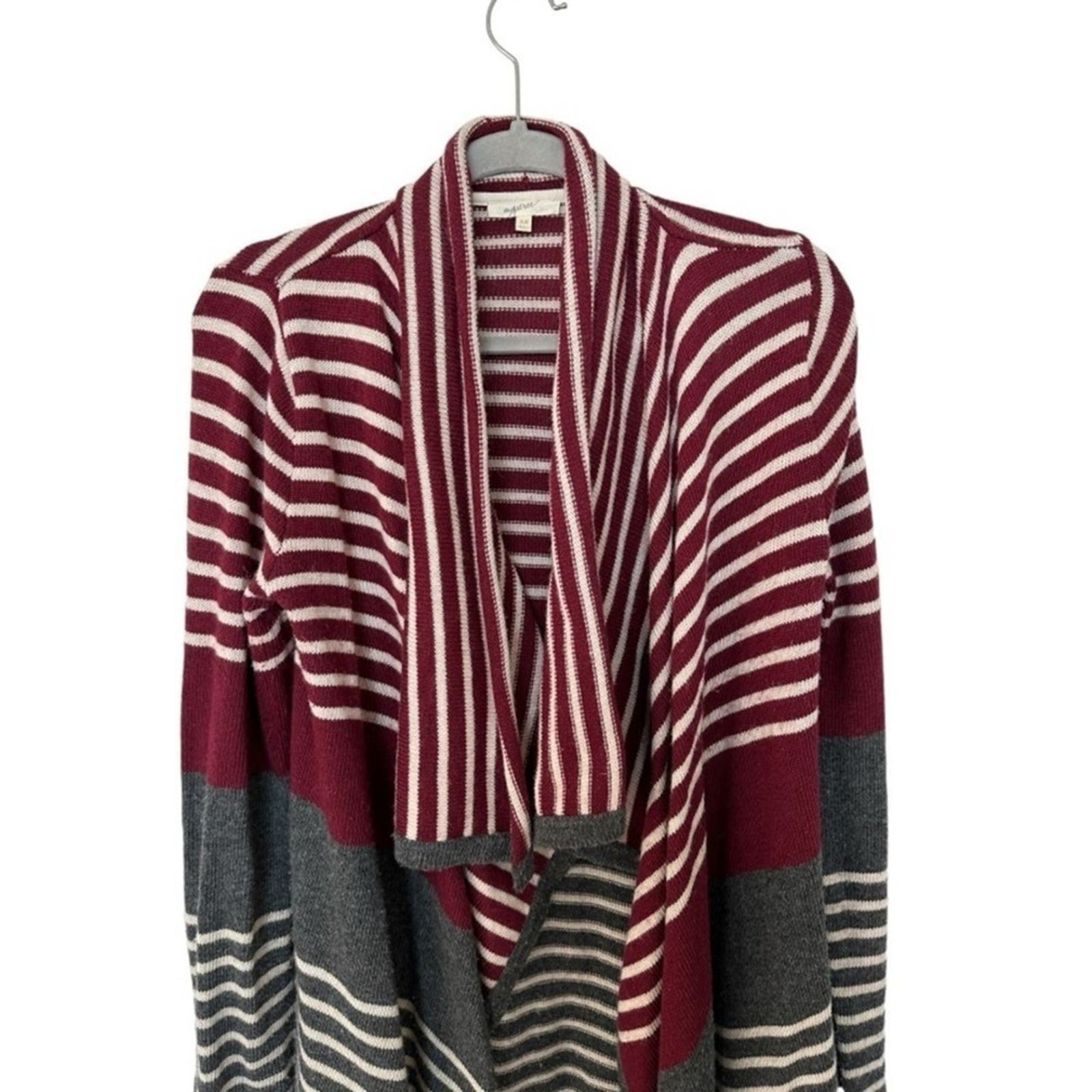Mystree Red and Gray Cozy Striped Waterfall Open Cardigan – Women’s XSmall