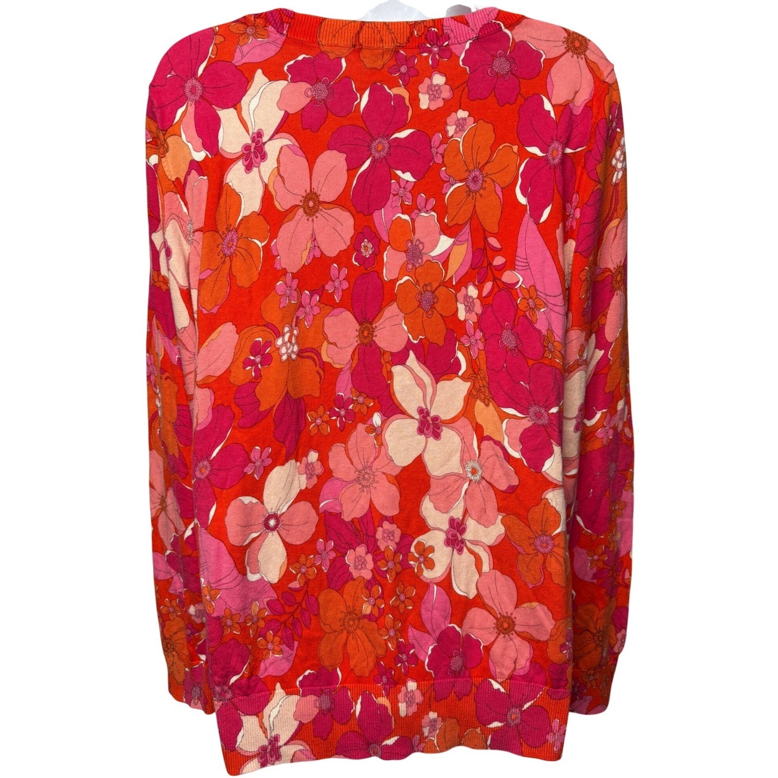 TALBOTS Womens Red Pink Floral Long Sleeve Sweater Sz L Hippie Retro Light-Knit