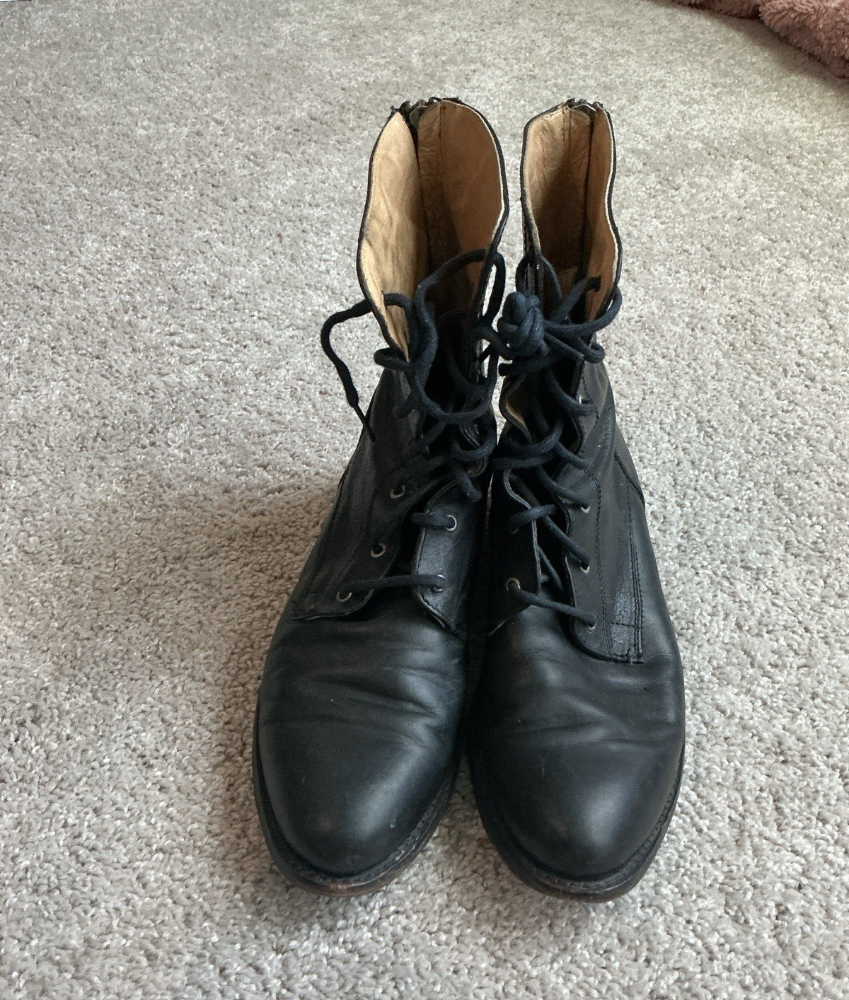 Frye Women’s Black Leather Lace-Up Back Zip Combat Ankle Boots US 8.5 B
