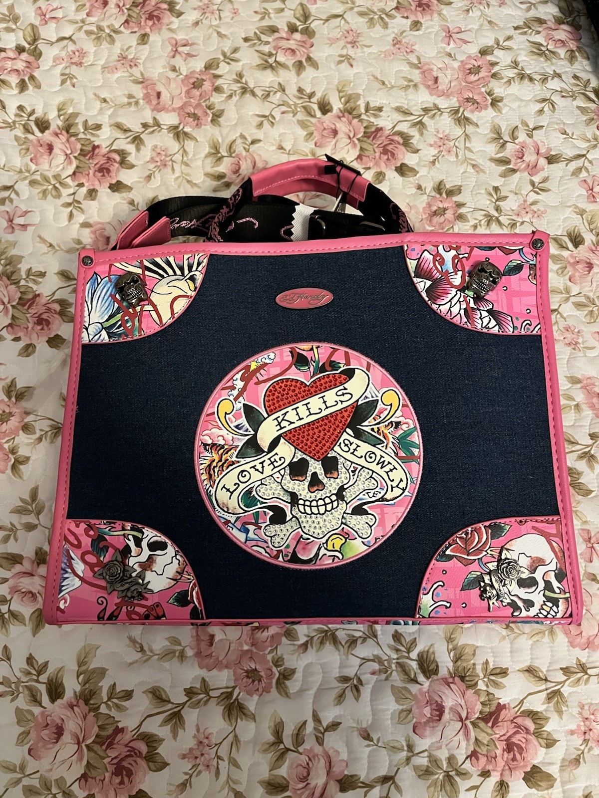 Brand New Ed Hardy Denim Pink Rhinestone Tattoo Purse Bag