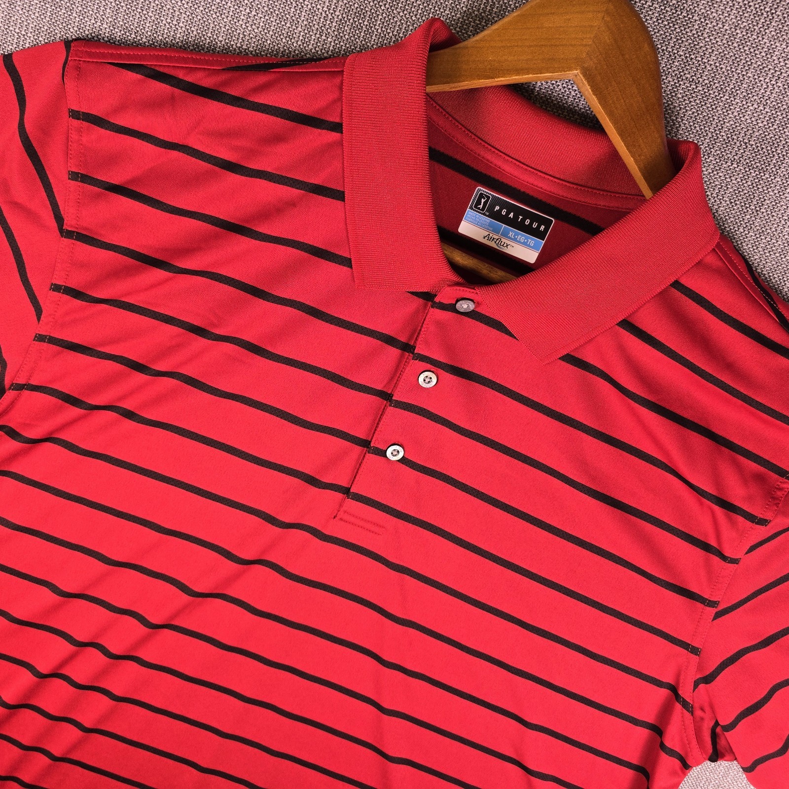 PGA Tour Airflux Polo Golf Shirt Mens XL Performance Red With Black Stripes Logo