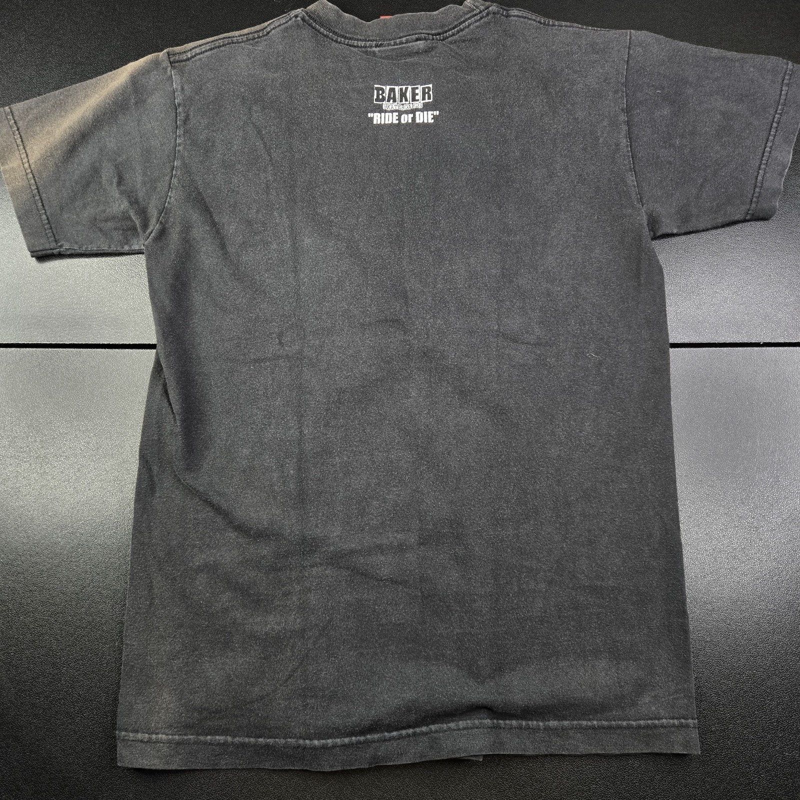 Vintage Baker Skateboards Mini Uzi Gun Ride Or Die Skate Tee, Sz S 17×26″, Fade