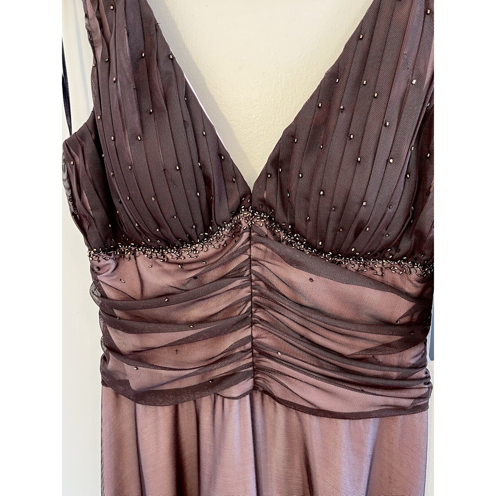 JS Boutique Y2K Dress Baby Doll Beading Ruching Tulle Sheer Brown Pink NWT