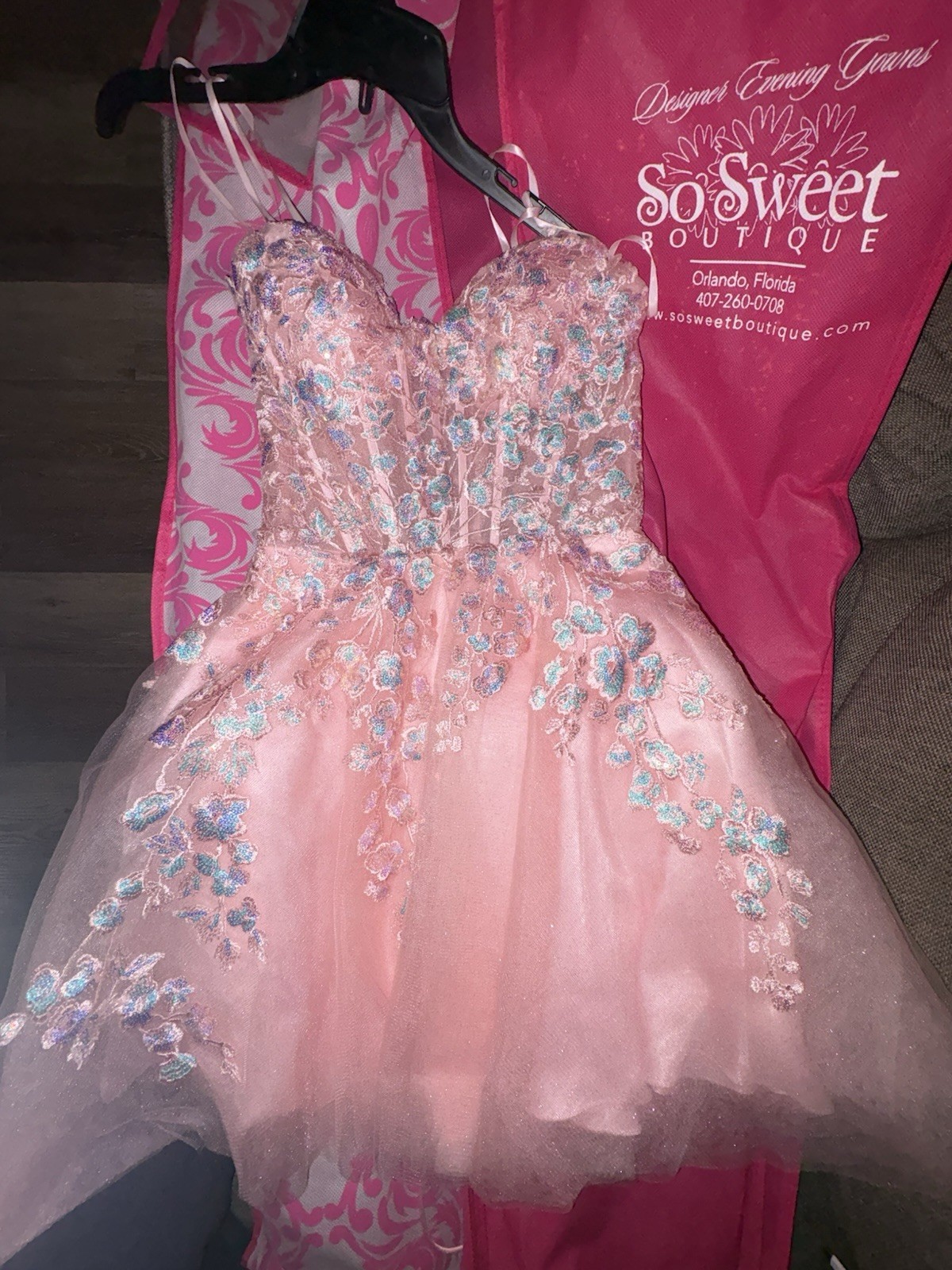 So Sweet Boutique Pink Floral Embroidered Tulle Lace-Up Short A-Line Dress S