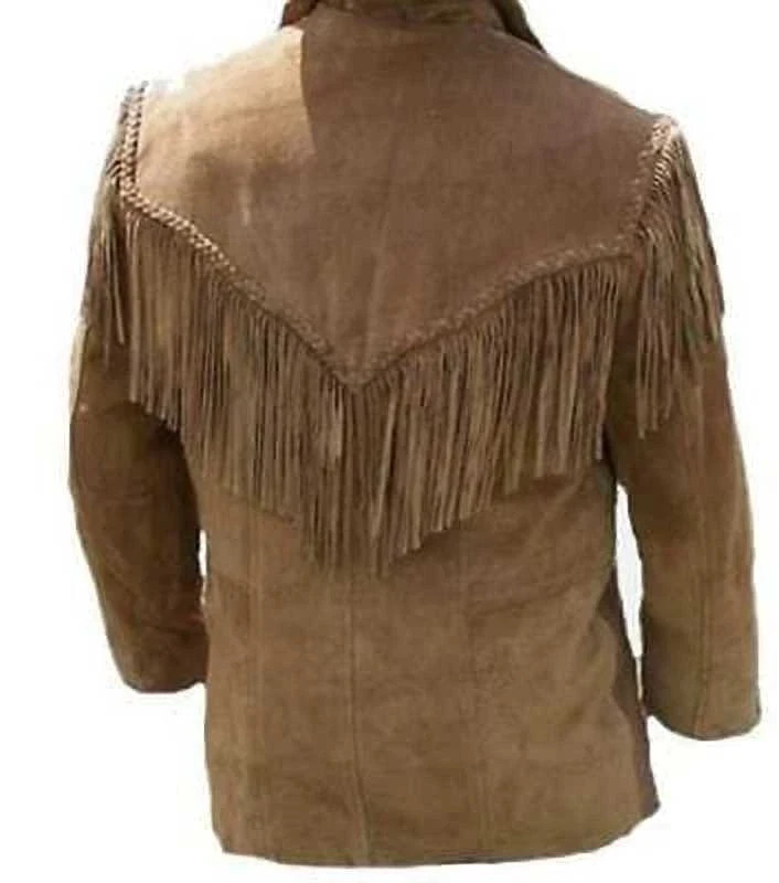 Men Western Cowboy Suede Fringe Jacket Native American Fringe Leather Jacket