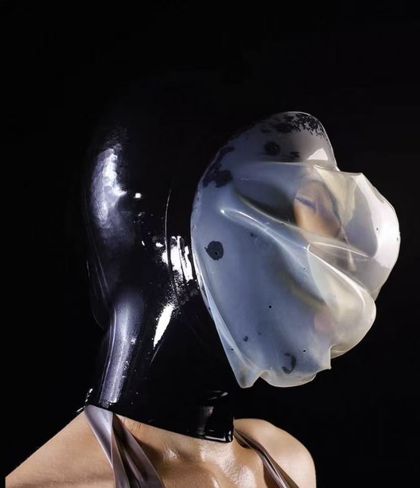 2-layer Latex hood with 0.25mm Transparent Rubber Mask breathing hole for Fetish