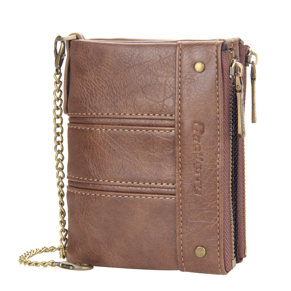 Men Men’s C2 Leather Wallet with Chain ID Credit Card Holder Double Zipper Coin