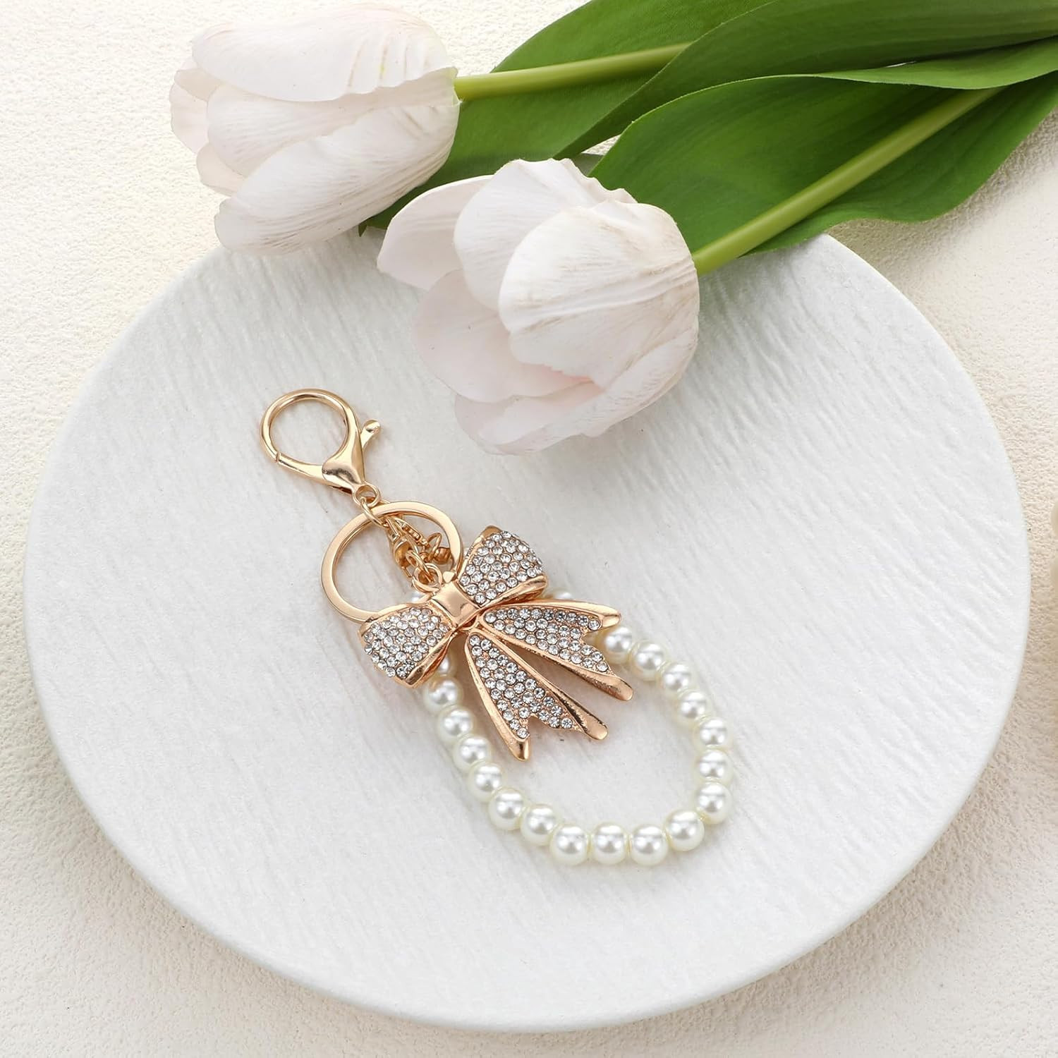 2 Pcs White Rhinestone Bowknot Keychain Imitation Pearl Chains Sparkly Bow Purse