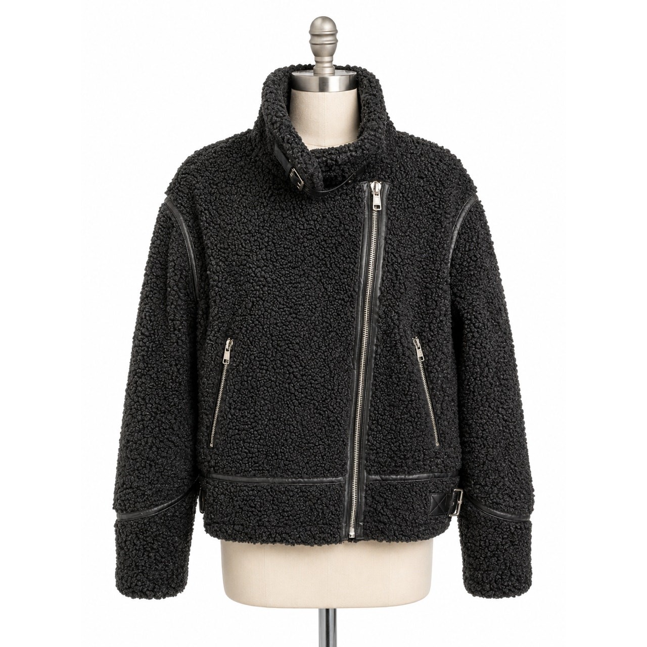 Reversible Sherpa Jacket Moto Zip Black Fleece Biker Coat Size XL NWT a.n.a