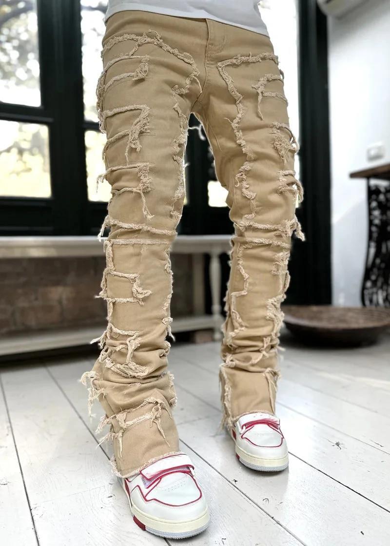 Men Fashion Jeans Street Stretch Patch Skinny Denim Straight Stacked Slim Pants