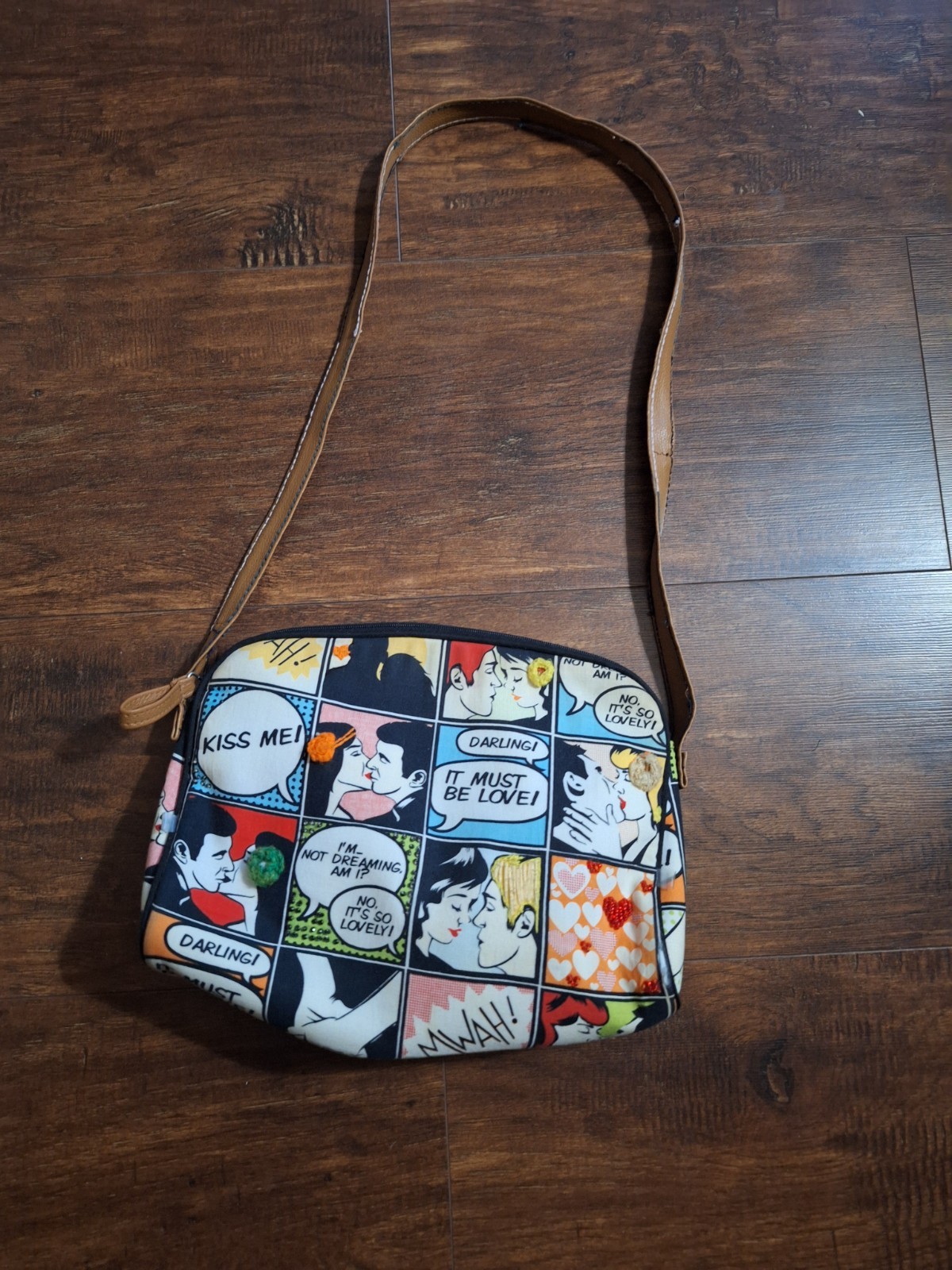 Old comic inspired, purse, handbag, hand embroidered with some beads