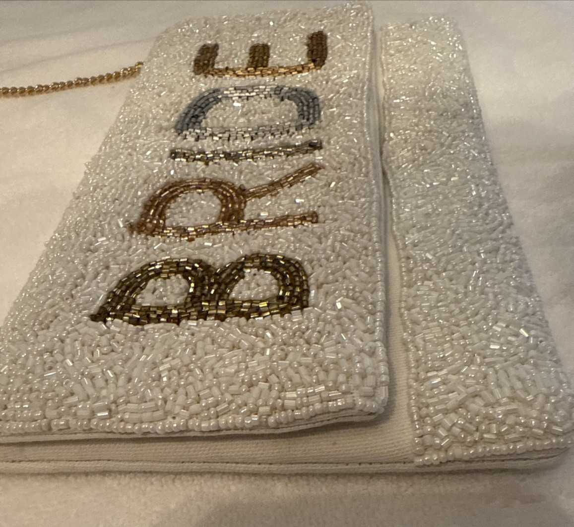 Bride Clutch Embroidered Glass Beaded Gold Tone Chain Strap Classy Elegant