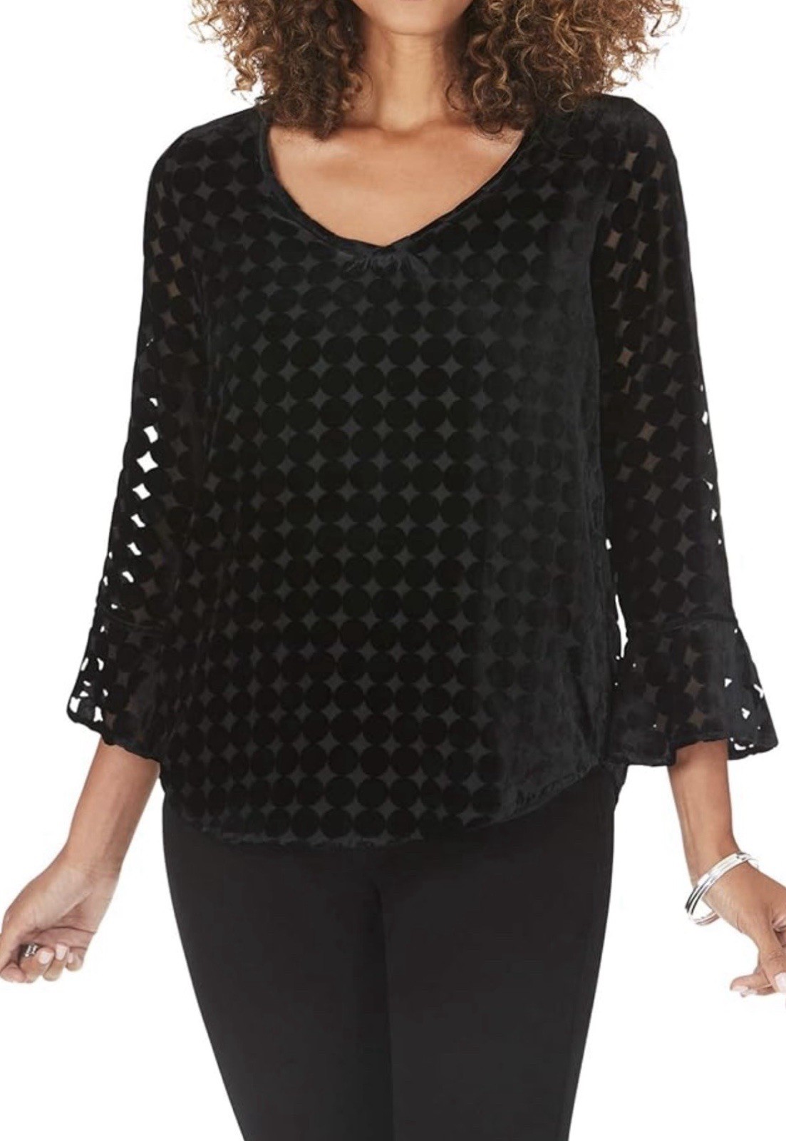 FOXCROFT VELVET BURNOUT TOP 1X {FITS XL} BLACK BELL SLV GOTHIC ROMANTIC COQUETTE