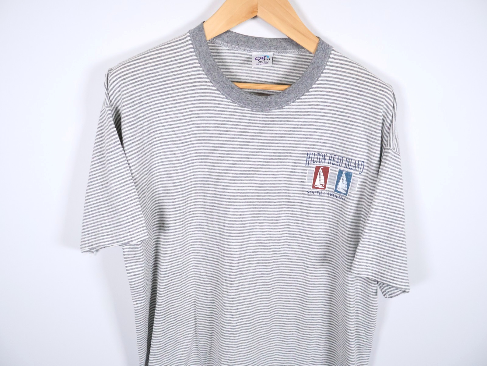 90s Ringer T-Shirt Men’s XL Gray Striped Single Stitch Hilton Head Island Surf